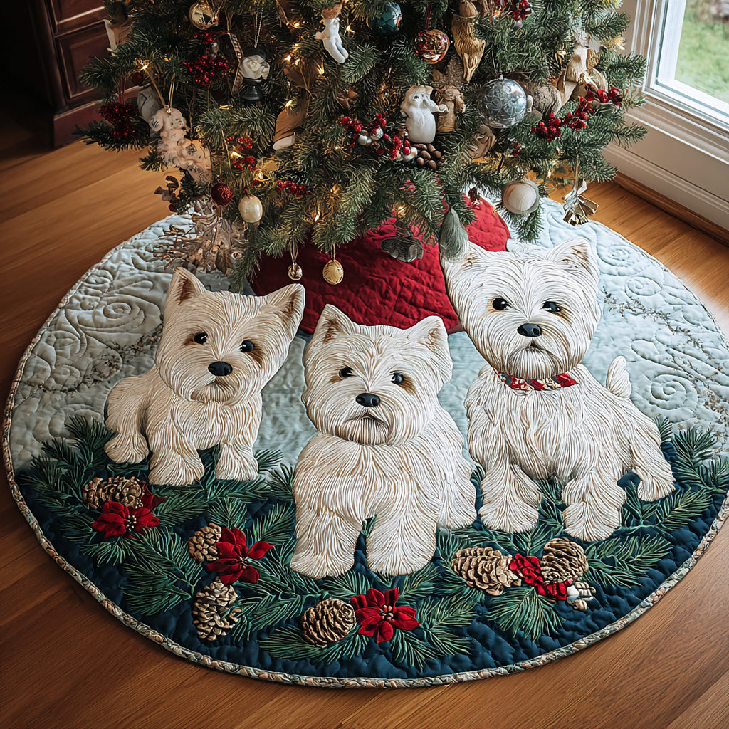 Snowy Westie Wishes Quilted Christmas Tree Skirt Custom Christmas Tree Skirt Merch for Your Family