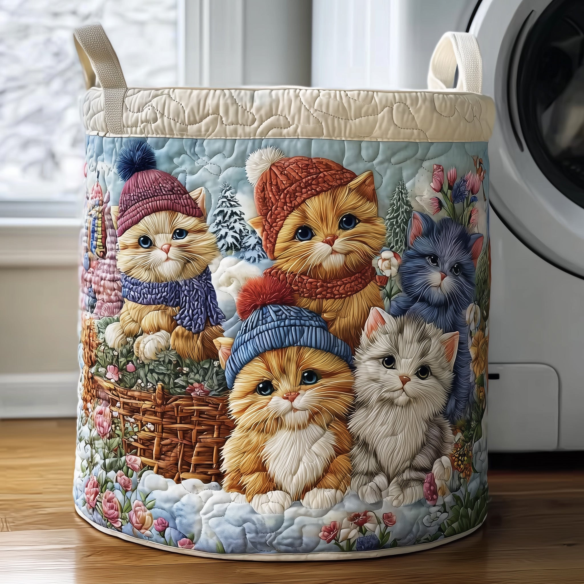 Snowy Whiskers Quilted Laundry Basket Cute Vibe Laundry Room Signs Cat Gift Ideas