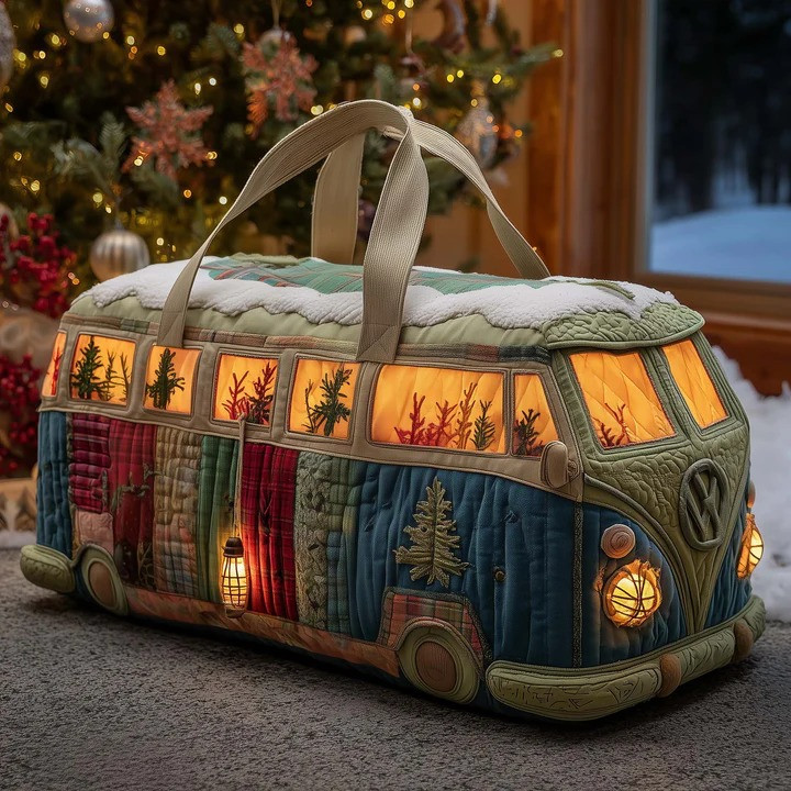 Snowy Winter Cabin VW Bus Quilted Duffle Bag Christmas Travel Bag Best Gift For Winter Lovers