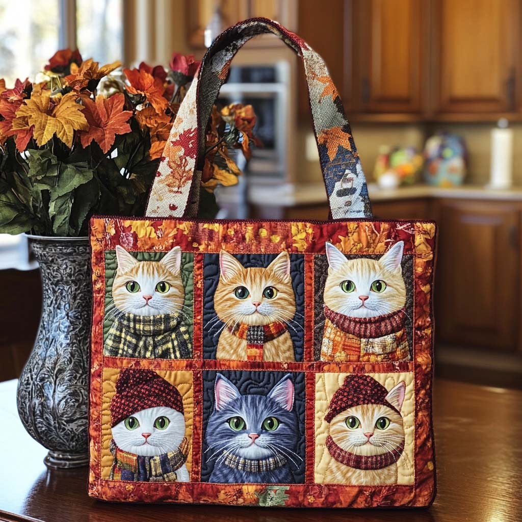 Snug Autumn Cat Quilted Tote Bag Presents For Cat Owners