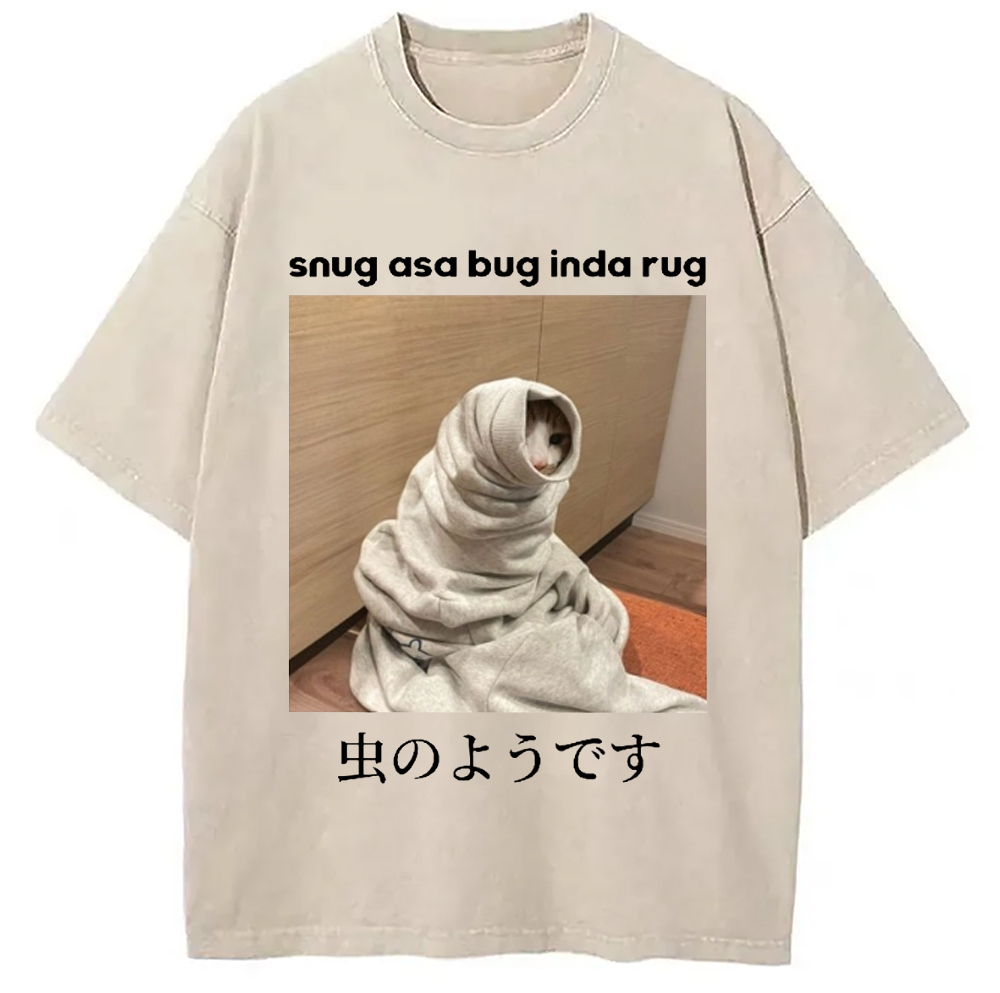 Snug Cat Vintage Washed T-Shirt Minimal Retro Graphic Clothing Gifts For Him