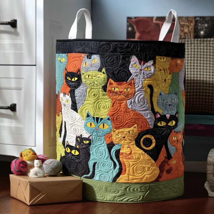 Snuggle Cat Quilted Laundry Basket Cozy Boho Cat Cuddle Home Decor Best Gift For Cat Lovers