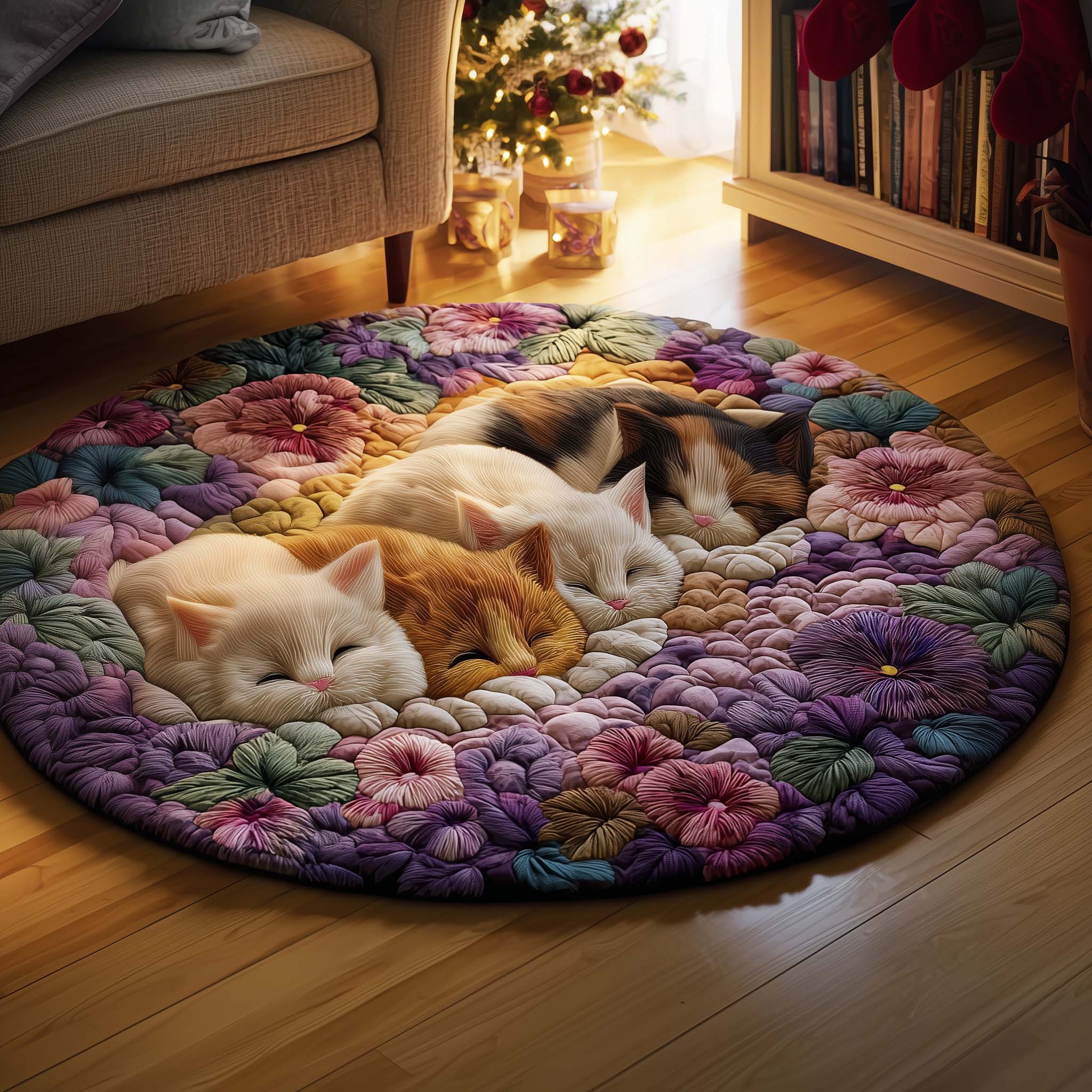 Snuggle Cat Quilted Round Mat Durable Quilted Round Mat for Everyday Use