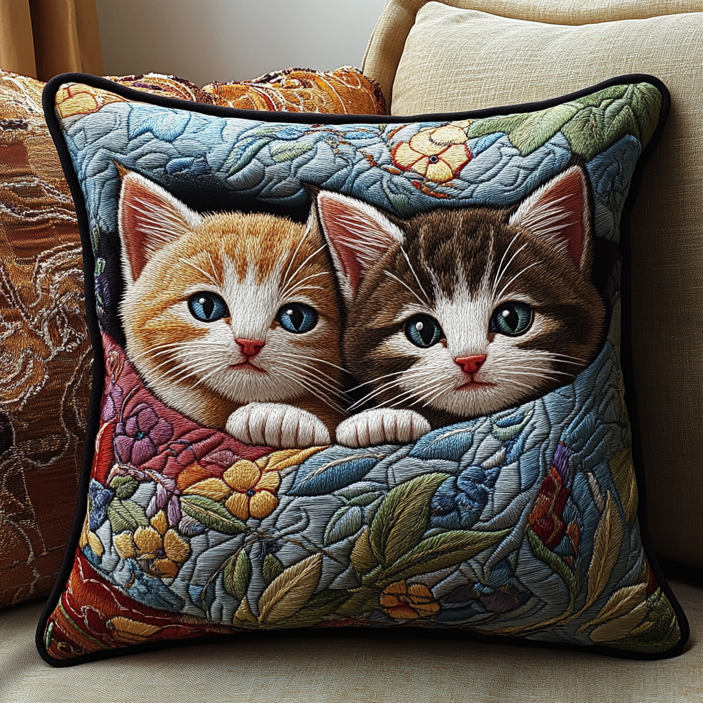 Snuggly Feline Friends Quilted Pillow Case Xmas Pillow Cover for Holiday Decor