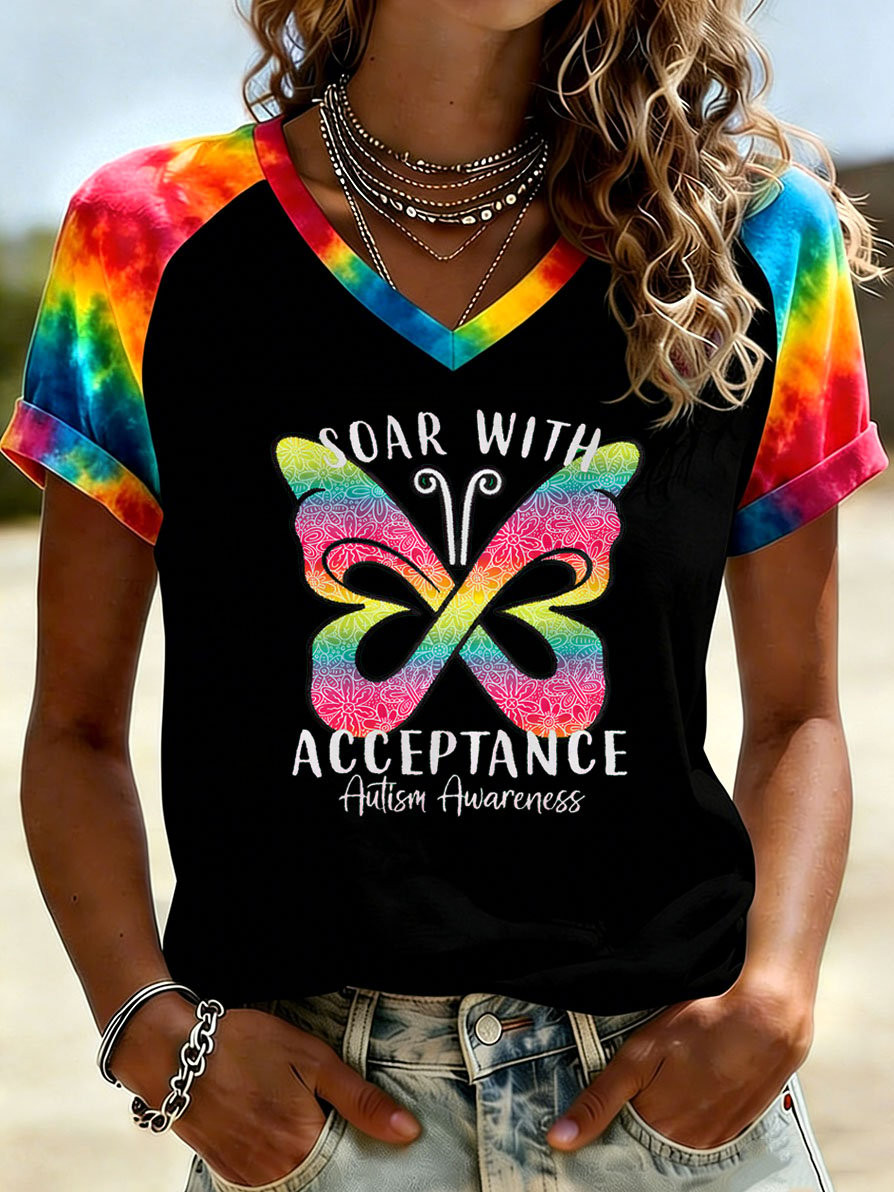 Soar With Acceptance V-Neck Shirt Autism Awareness Apparel Best Gift Ideas
