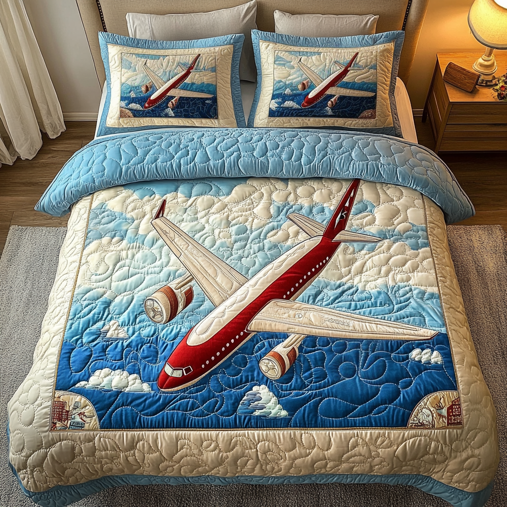 Soaring Airplane Quilted Bedding Set Personalized Bedding Set Gift for Couples