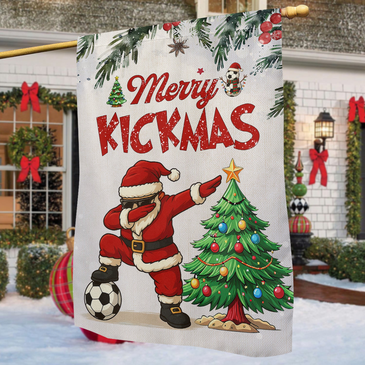 Soccer Christmas Flag Merry Kickmas Christmas Yard Flag Xmas Gift For Soccer Lovers