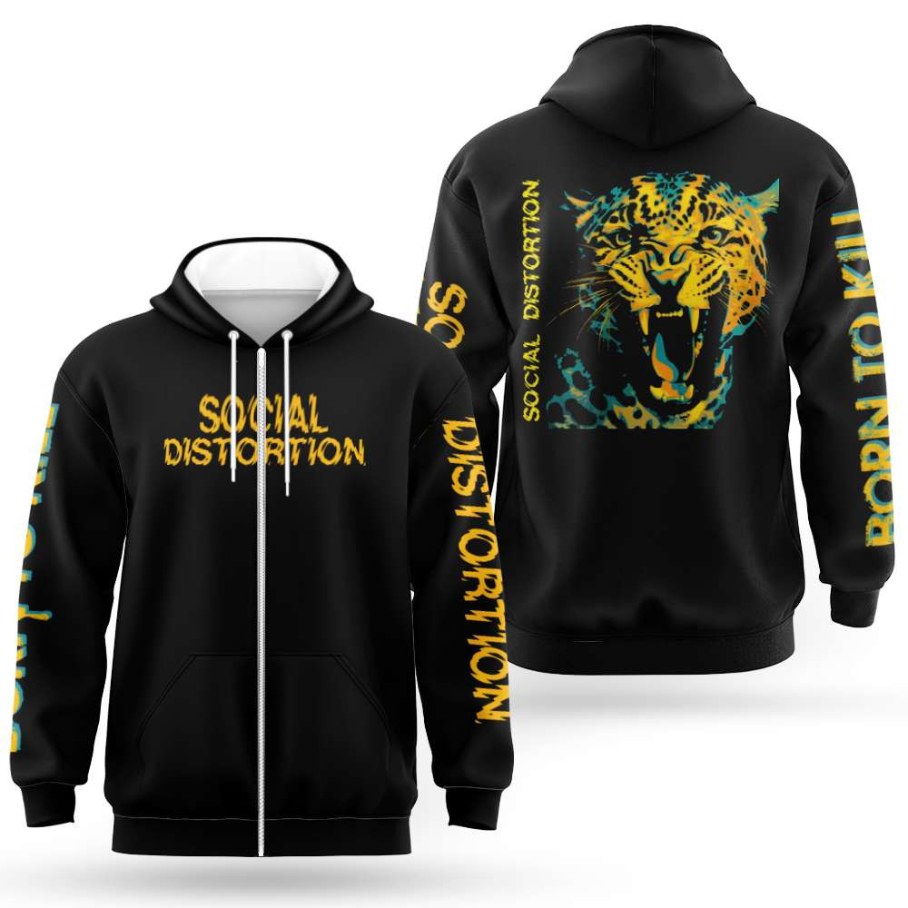 Social Distortion Roaring Leopard Zip Hoodie Born To Kill Leopard Clothes Gifts For Bestie