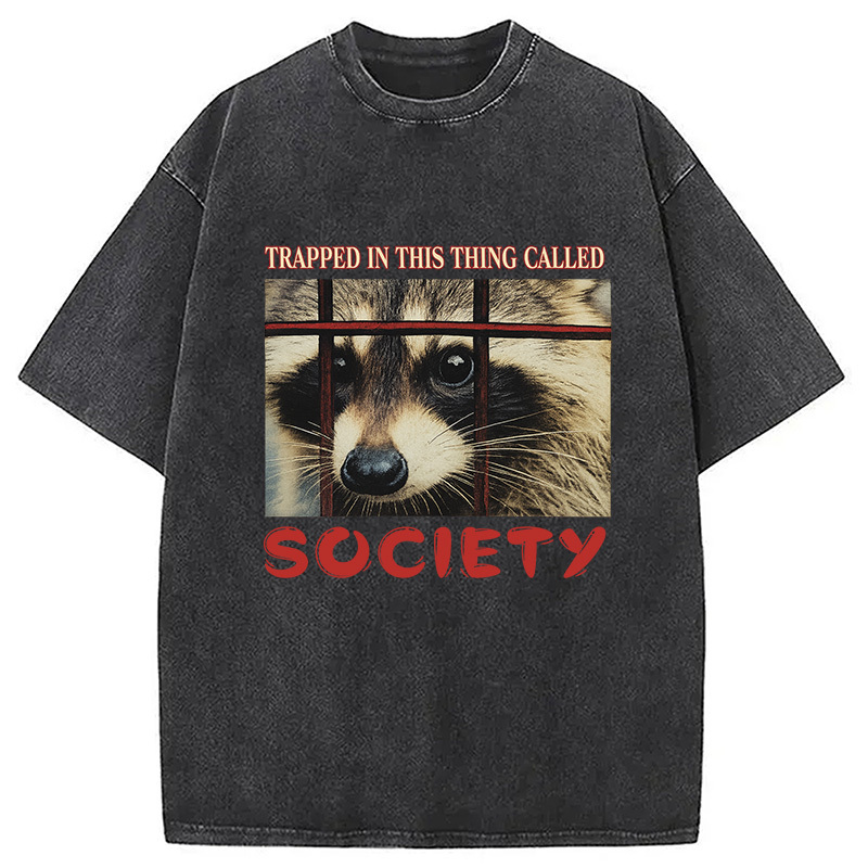 Society Raccoon Washed T-Shirt Classic Graphic Fashion Tee Gifts For Him