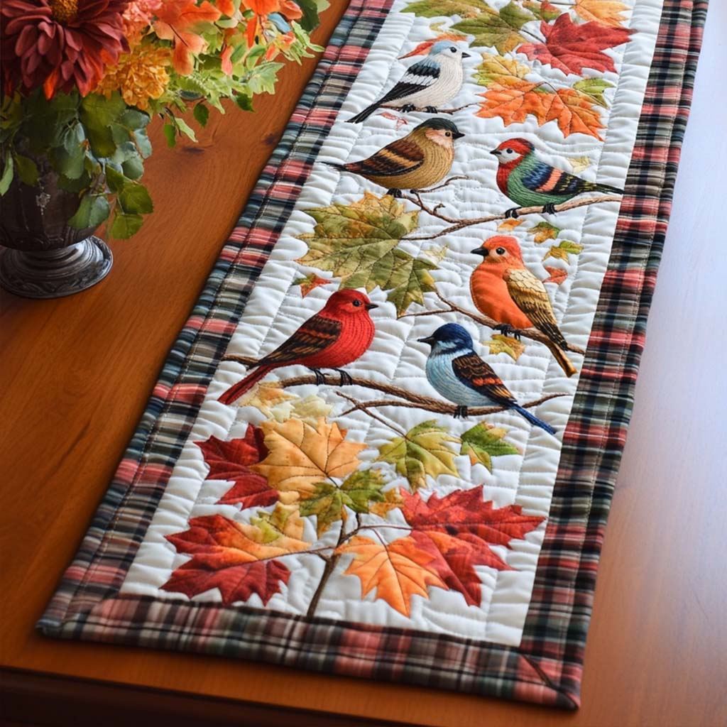 Soft Bird Whispers Quilted Table Runner Autumn Table Runner Unique Gifts For Family