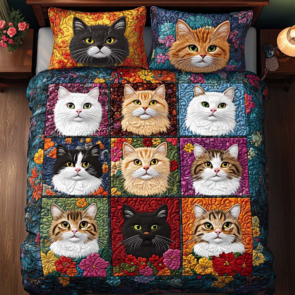 Soft Cat Moments Quilted Bedding Set Special Home Gift Idea for Comfortable Living