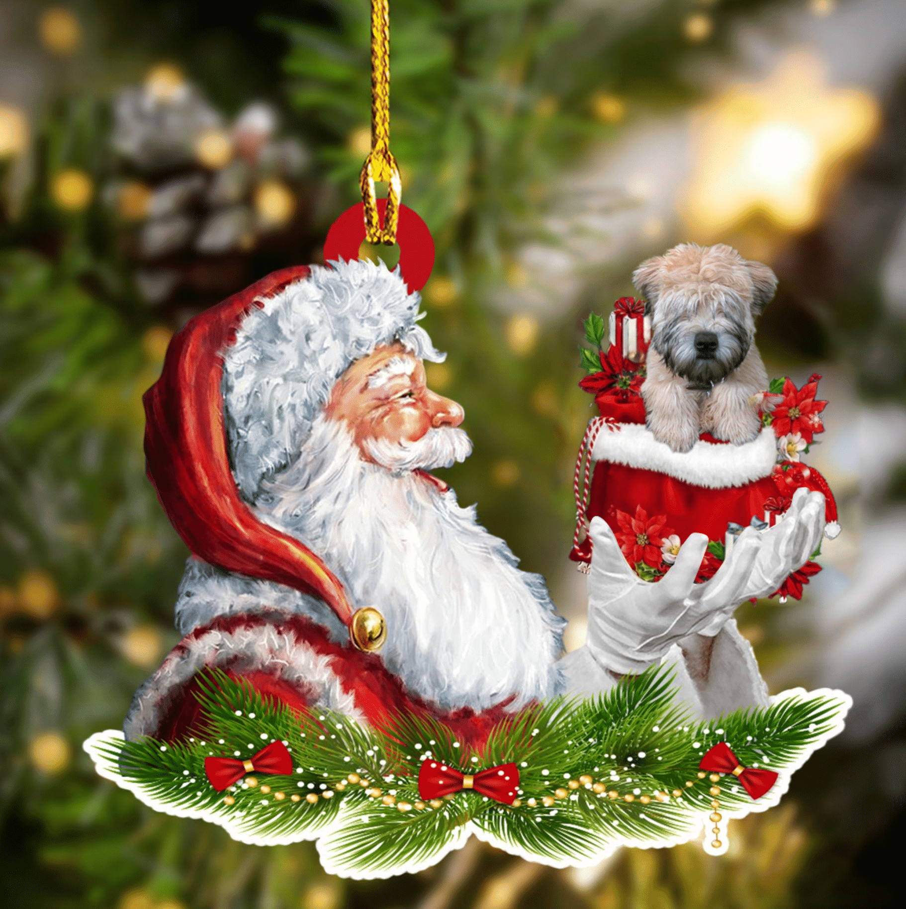Soft Coated Wheaten Terrier and Santa Christmas Ornament for Dog Lovers Dog Mom Acrylic Dog Ornament
