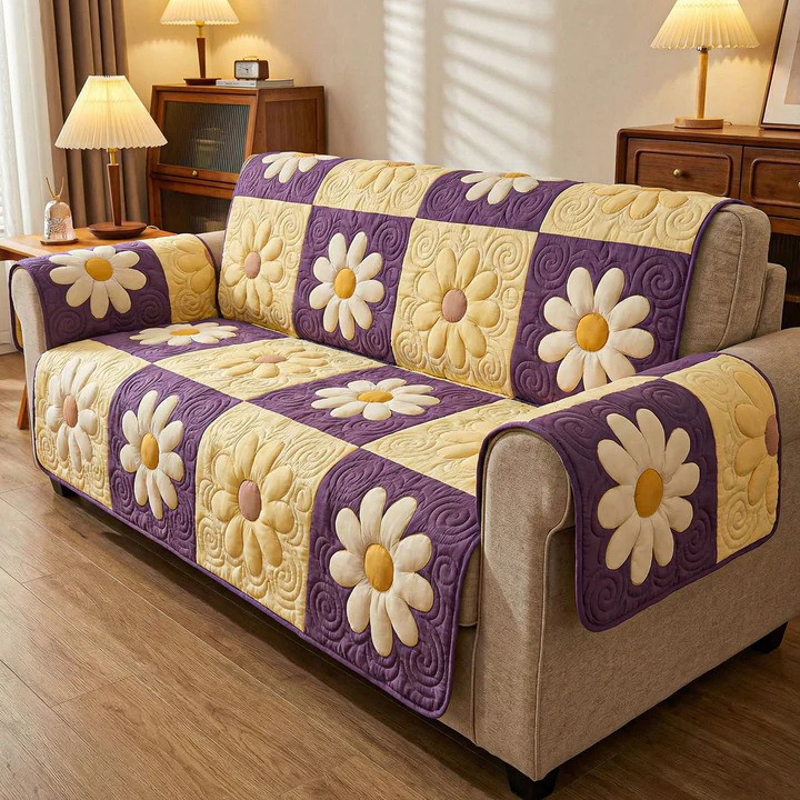 Soft Daisy Days Quilted Sofa Cover Gentle Floral Furniture Protector Best Gift For Flower Lover Mom
