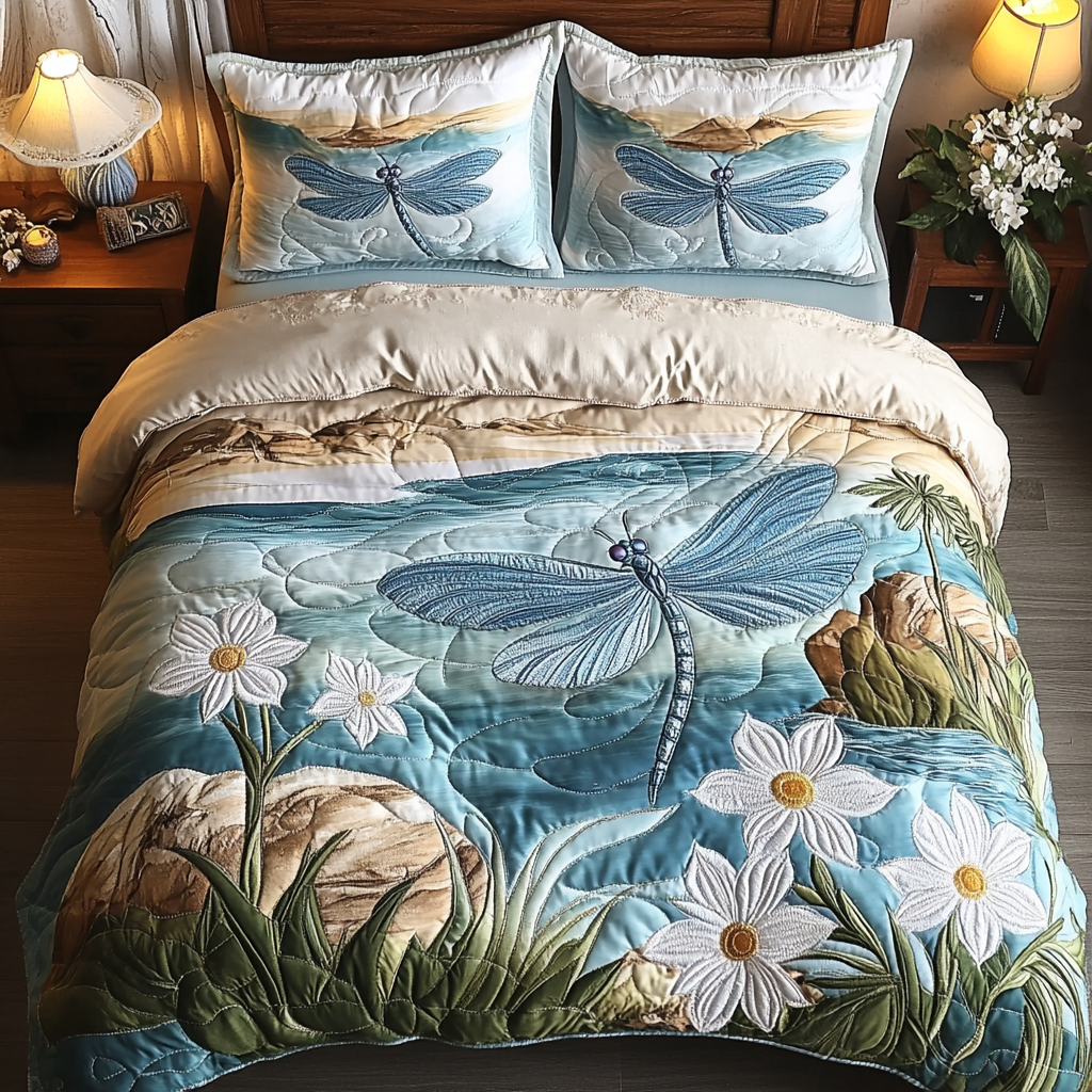 Soft Flight Quilted Bedding Set Cozy Bedroom Decor Dragonfly Gifts For Men