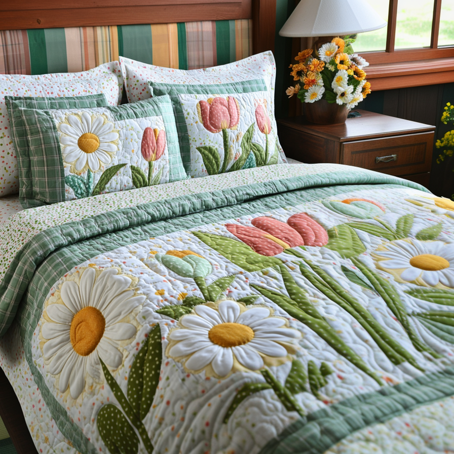 Soft Flora Quilted Bedding Set Bedroom Decor Best Gifts For Tulip Lovers