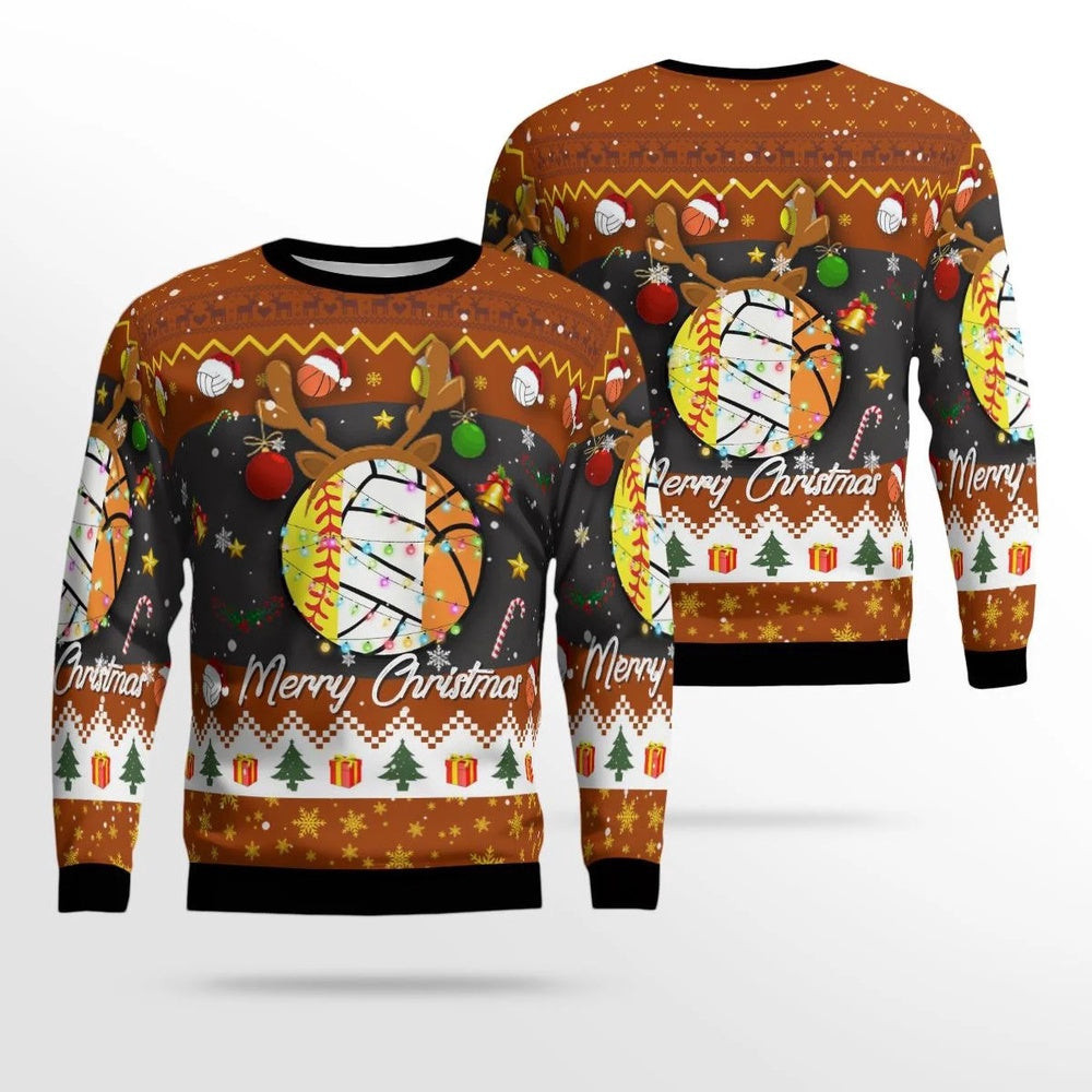 Softball Volleyball Basketball Christmas AOP Ugly Sweater Unisex Christmas Gift