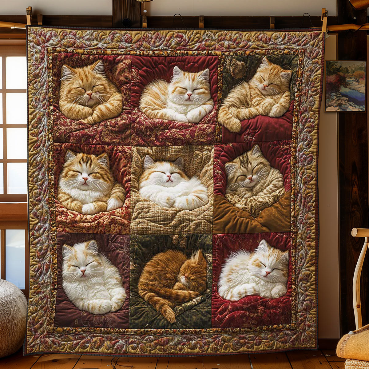 Softly Sleeping Cats Quilt Luxury Quilt Blanket with Decorative Stitching