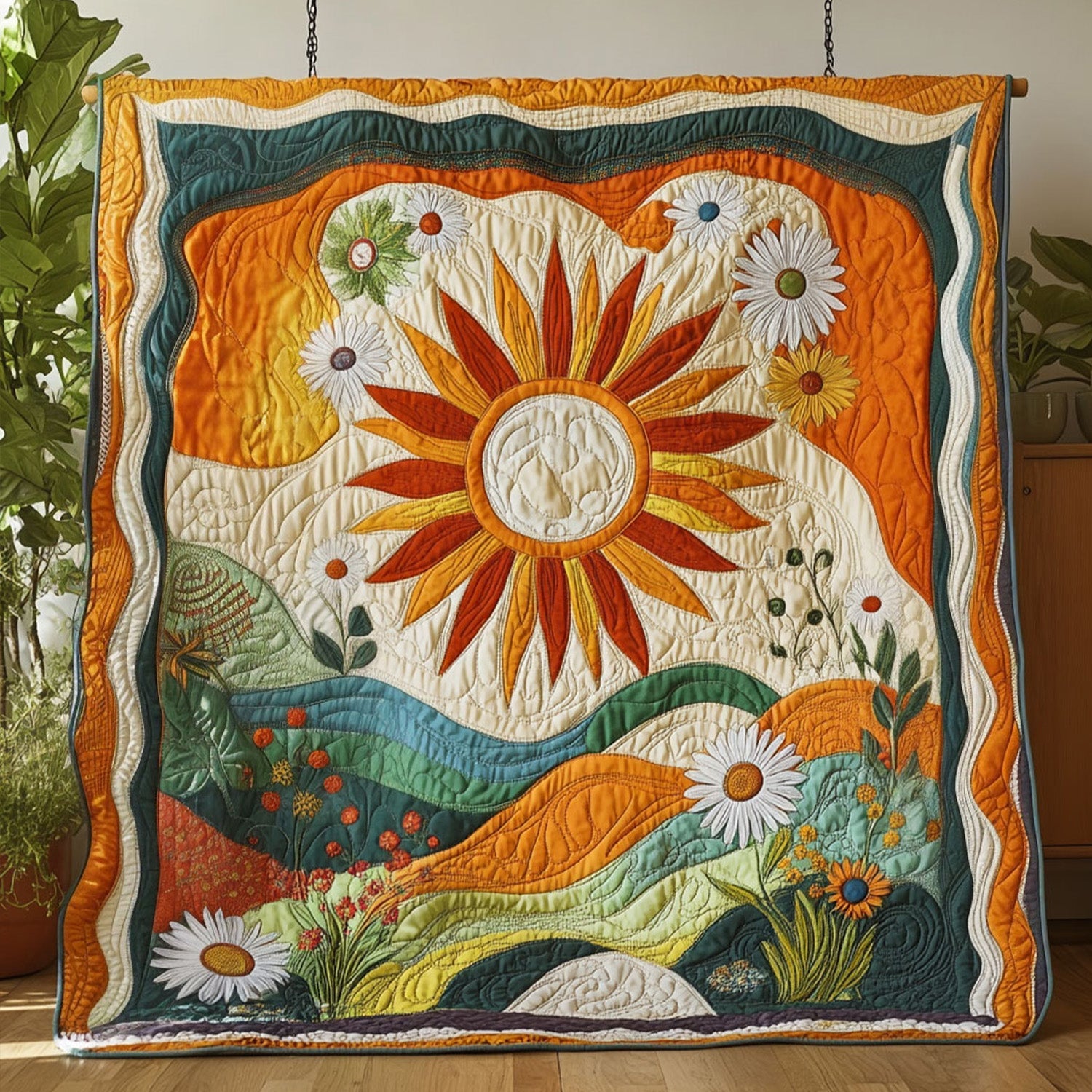 Solar Bloomscape Quilted Blanket Bed Room Decor Hippie Christmas Gift Ideas