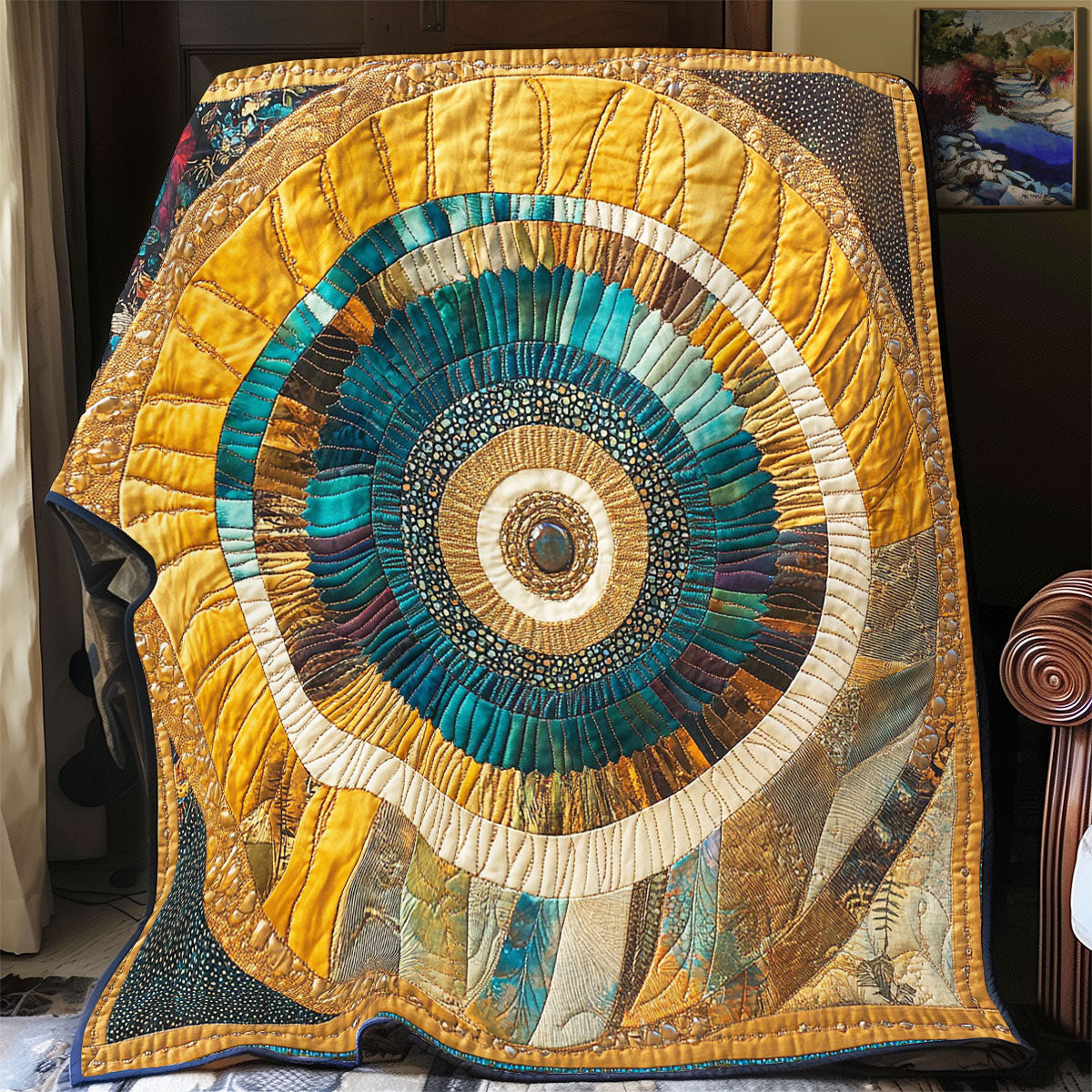 Solar Flare Quilt Blanket Stitched in Gold and Teal Throw Blanket Gift Ideas For Her