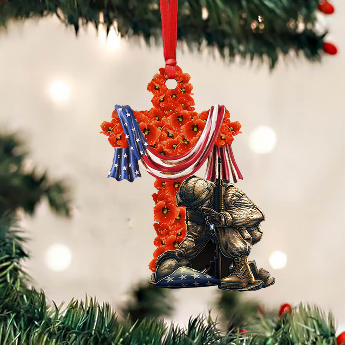 Soldier Kneeling Under Poppy Cross USA Flag Ornament Remembrance Patriotic Christmas Ornament