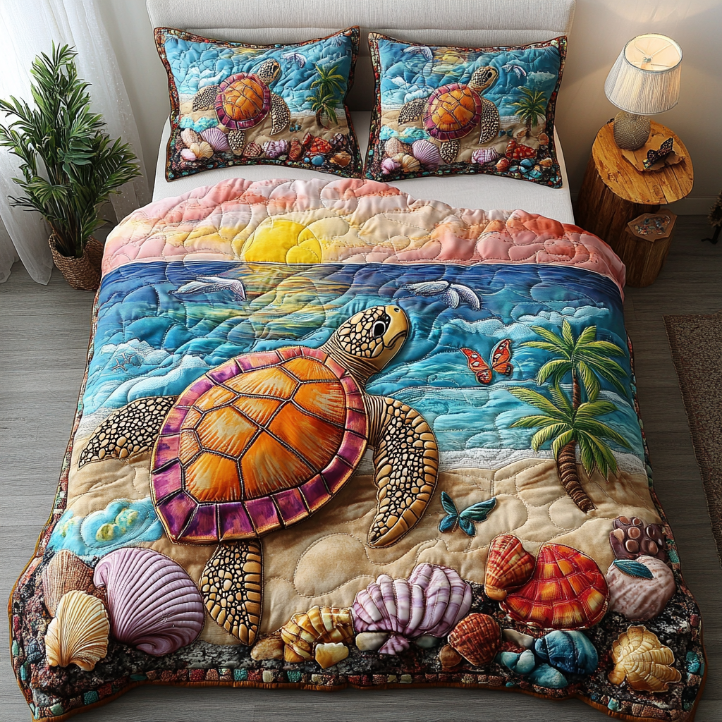 Solitary Turtle Quilted Bedding Set Best Bed Sheet Set Sea Turtle Gifts For Mom