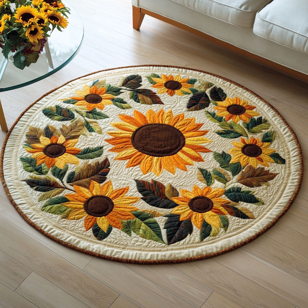 Solstice Bloom Quilted Round Mat Door Entrance Decor Blanket With Sunflowers