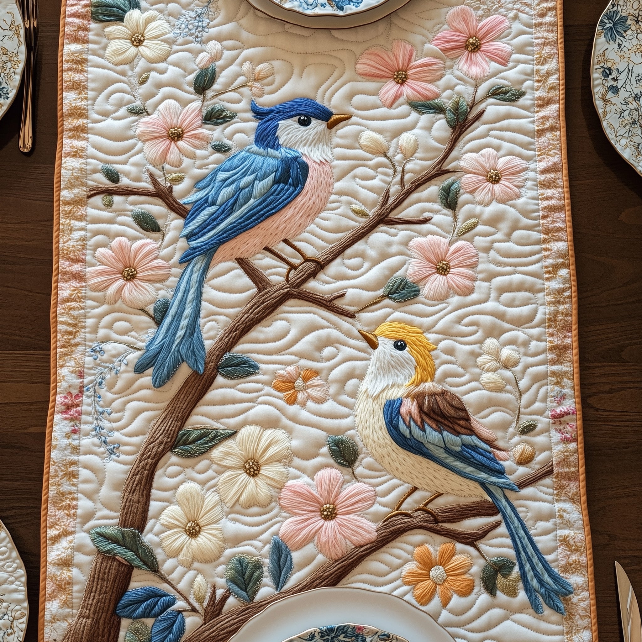 Songbirds Of Spring Quilted Table Runner Winter Holiday Table Runner Decor