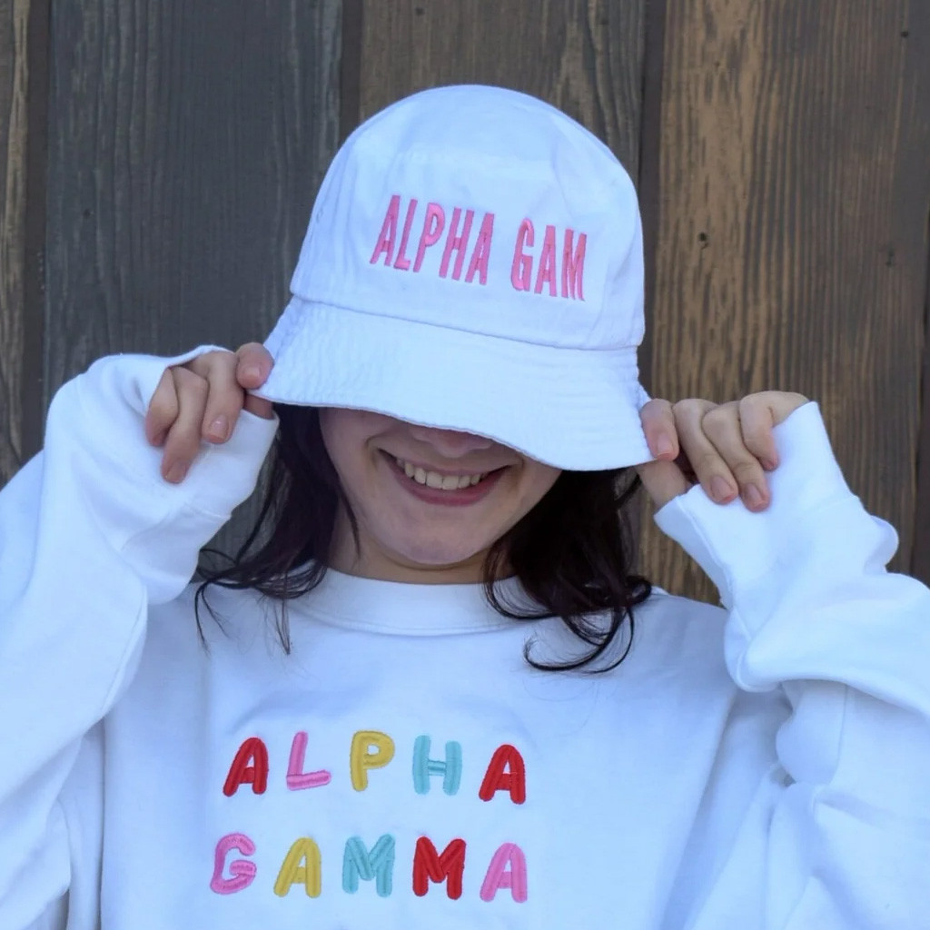 Sorority Merch Bubble Letters Sorority White Bucket Hat Gift Ideas For Friends