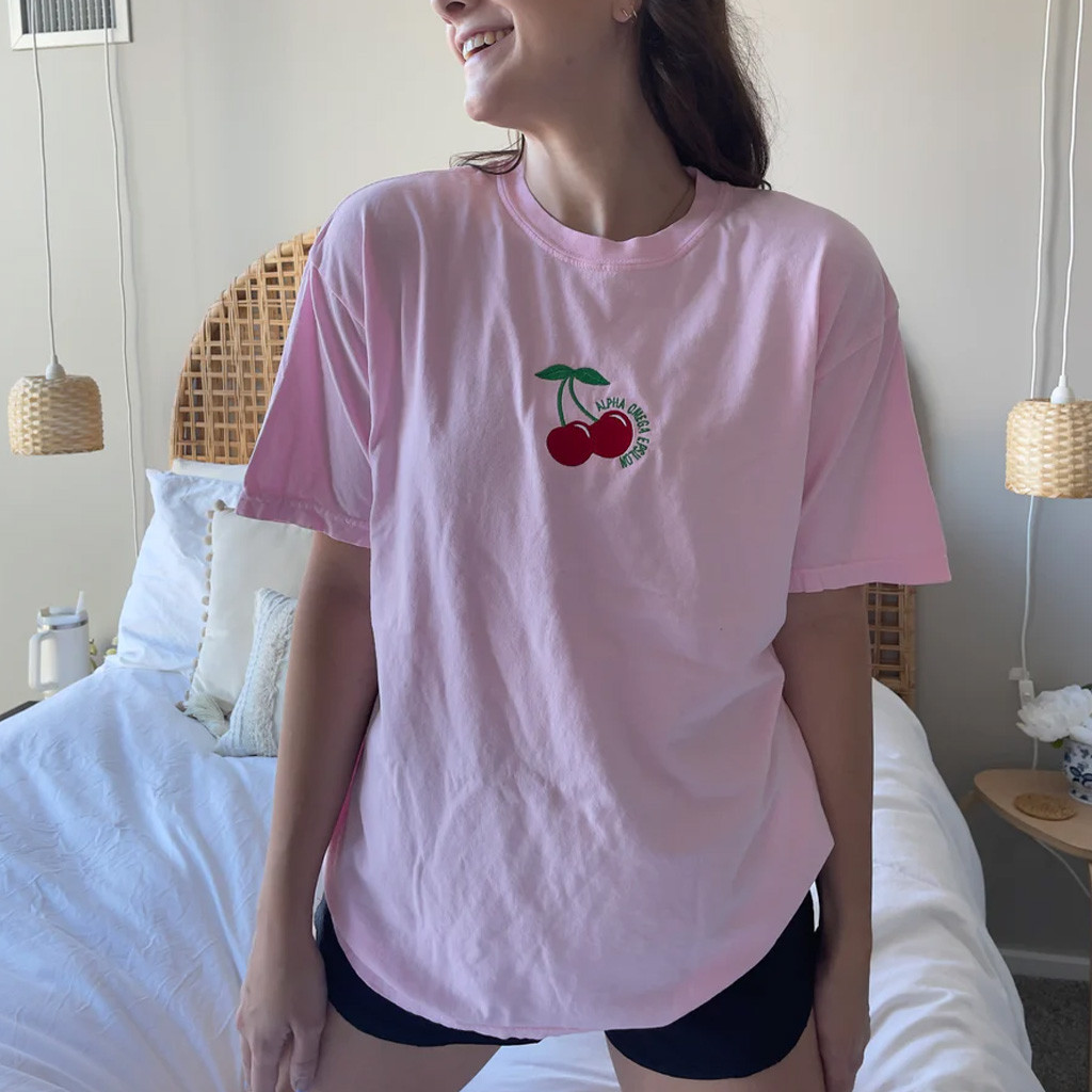 Sorority Merch Sweet Cherry Embroidered Sorority T-Shirt Present For Girlfriend Sorority Merch Sweet Cherry Embroidered Sorority T-Shirt Present For Girlfriend