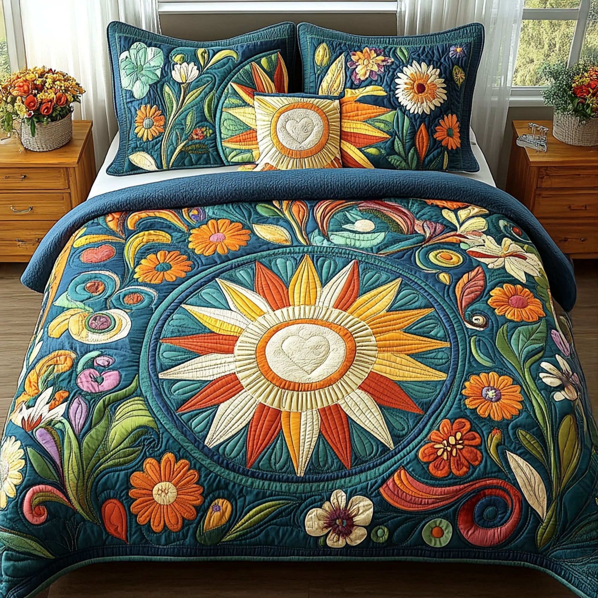 Soulshine Garden Quilted Bedding Set Cute Bedroom Decor Unique Gifts For Hippies