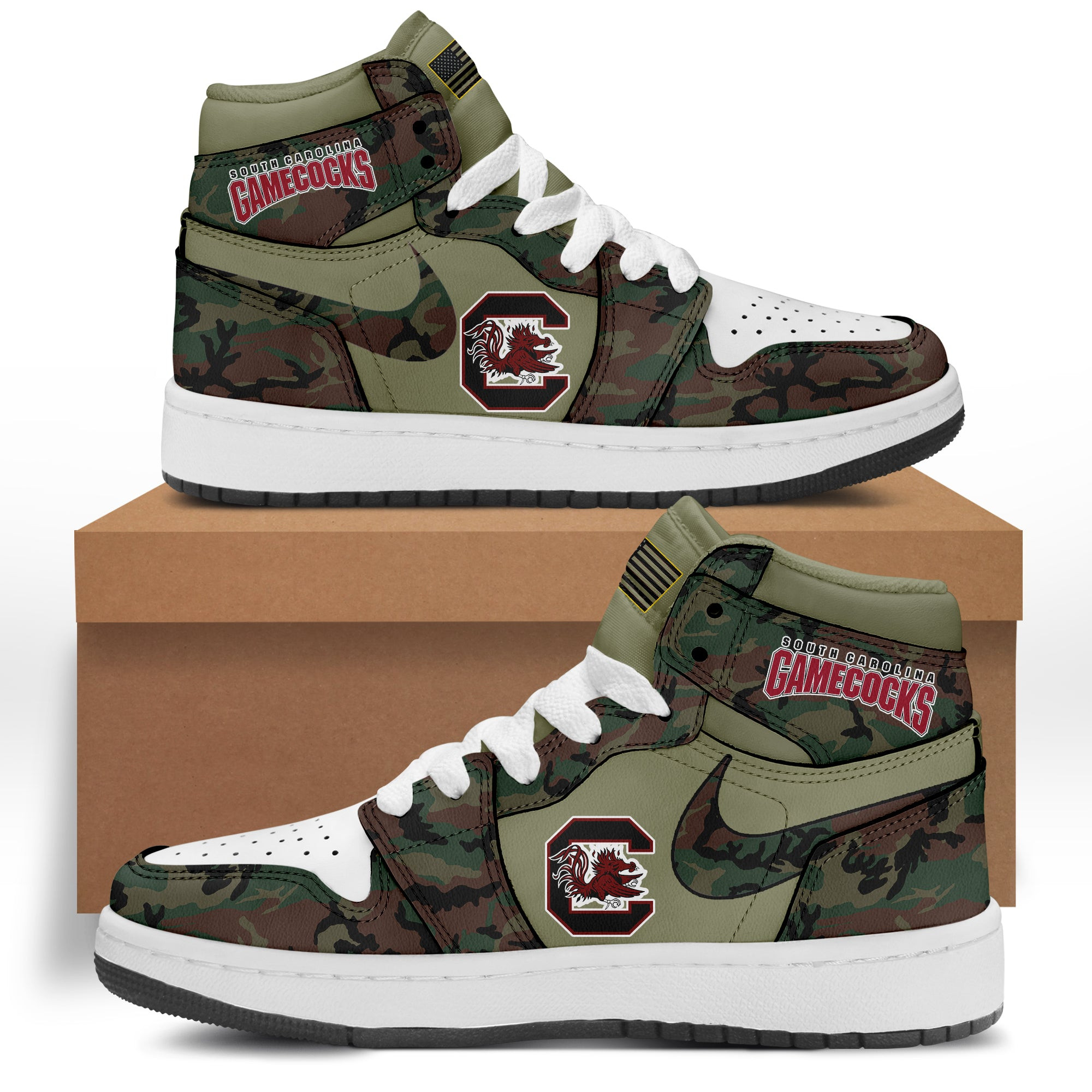 South Carolina Gamecocks Camo Air Force 1 High Top Shoes Sneakers Merchandise Fan Gifts