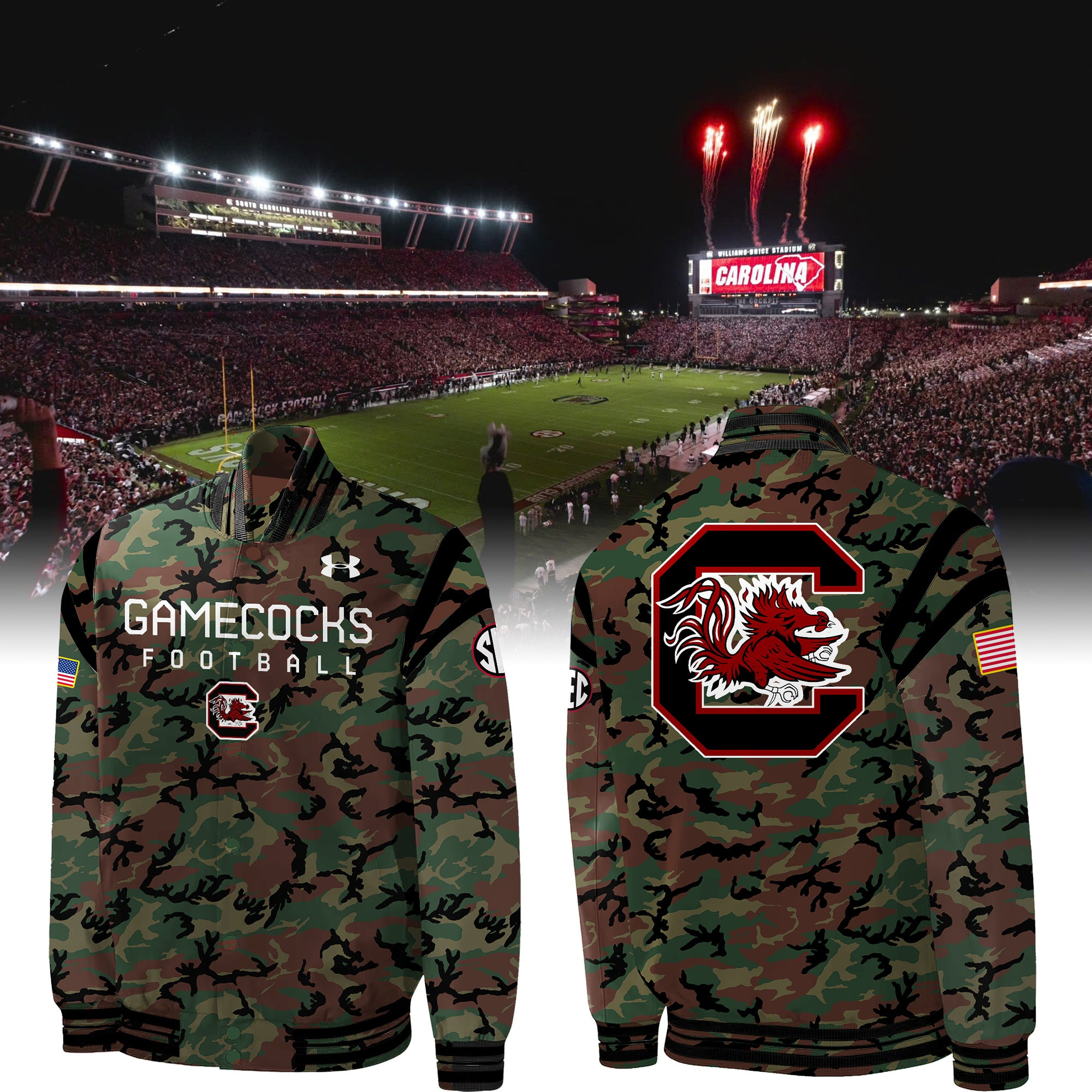 South Carolina Gamecocks Football Camo Bomber Jacket Military Honor Veteran Merch Gifts