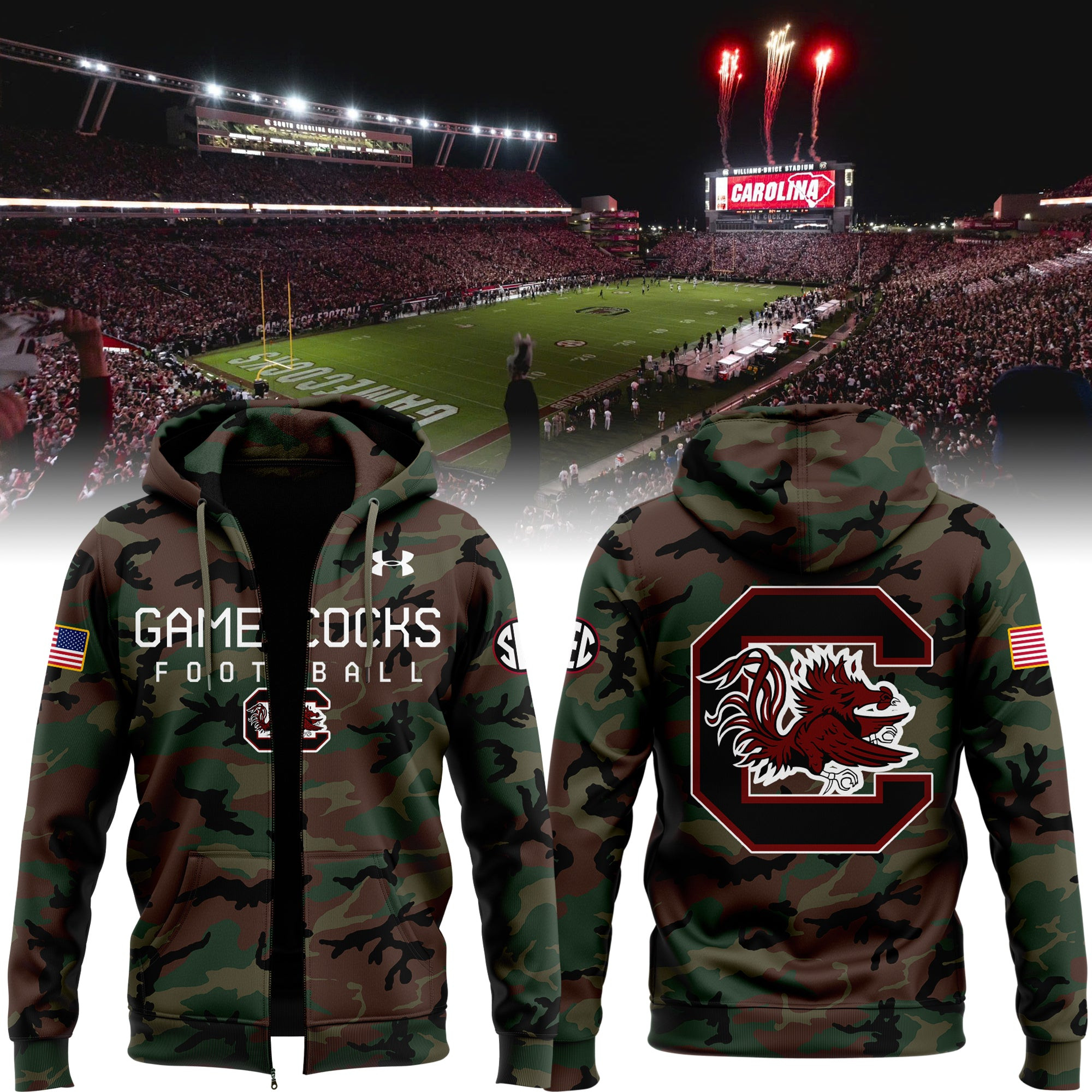 South Carolina Gamecocks Football Camo Zip Hoodie Military Camouflage Honor Veteran Merch