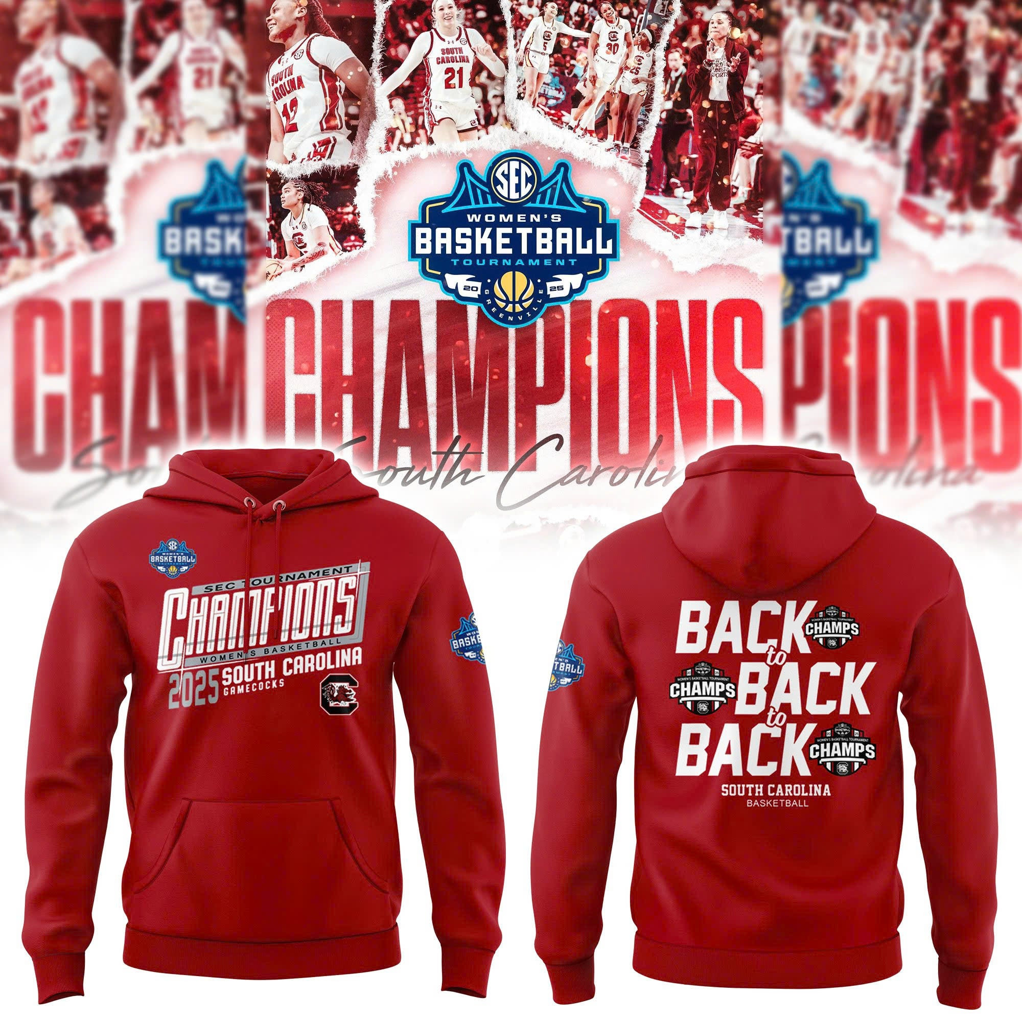 South Carolina Gamecocks Women's Basketball SEC Champions Hoodie 2025 Back To Back Fan Gear