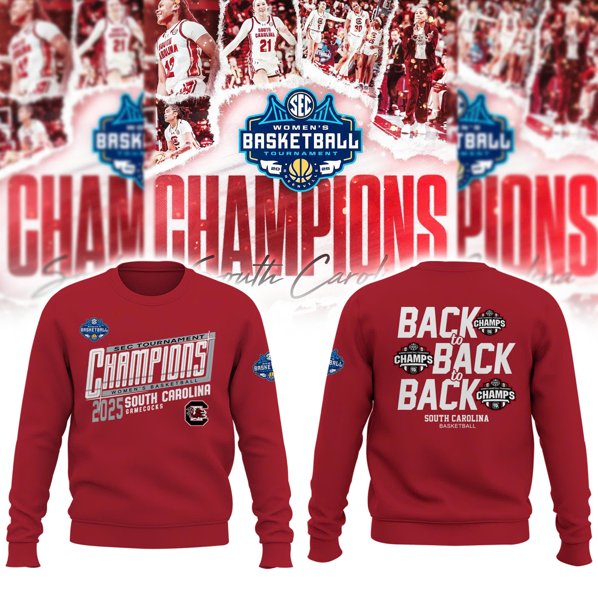 South Carolina Gamecocks Women's Basketball SEC Champions Sweatshirt 2025 Back To Back Merch