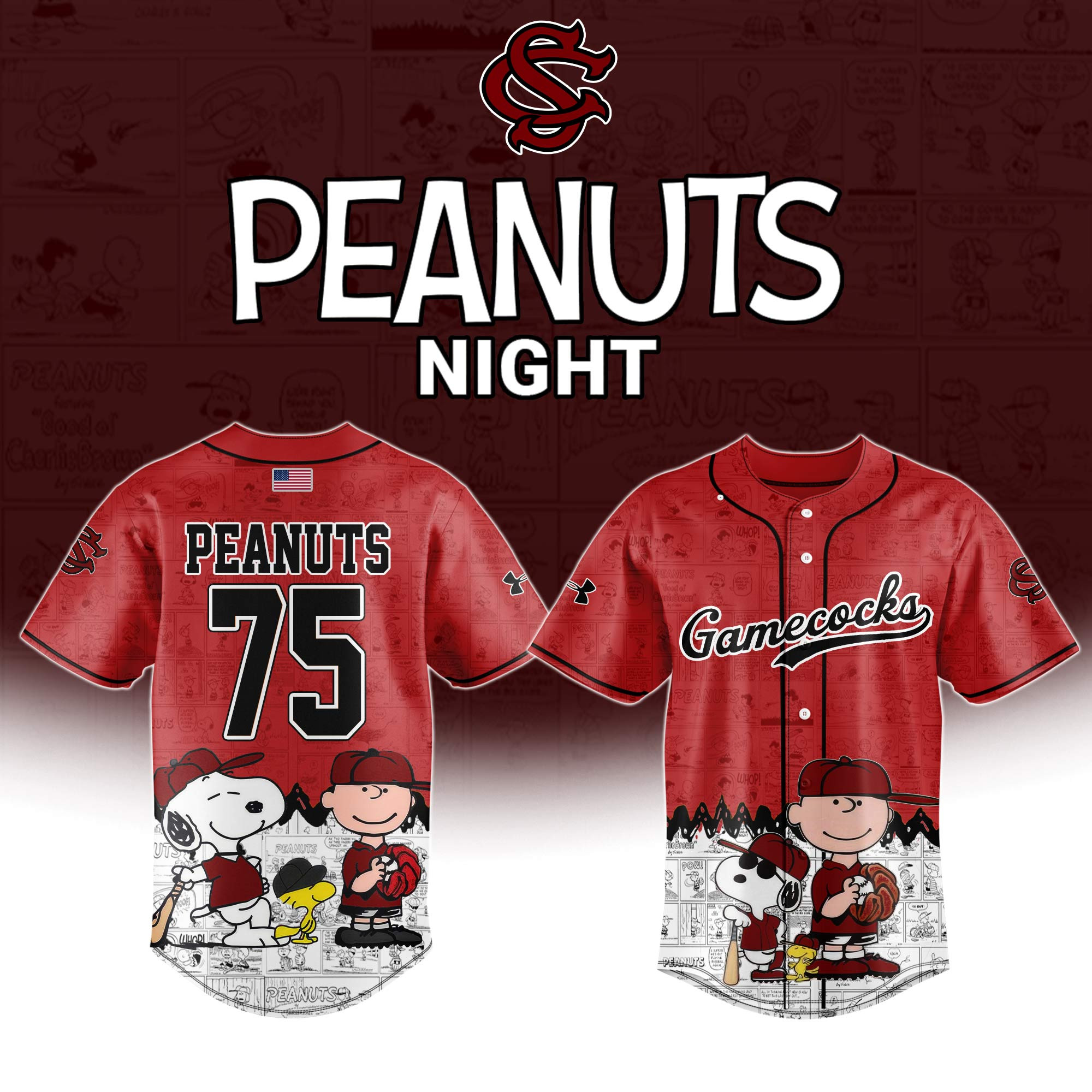 South Carolina Gamecocks x Peanuts Night Baseball Jersey 75Th Anniversary Peanuts Snoopy