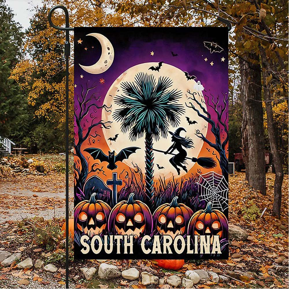 South Carolina Halloween Palm Tree and Witchcraft Pumpkins Halloween Flag Gift For Friend and Family