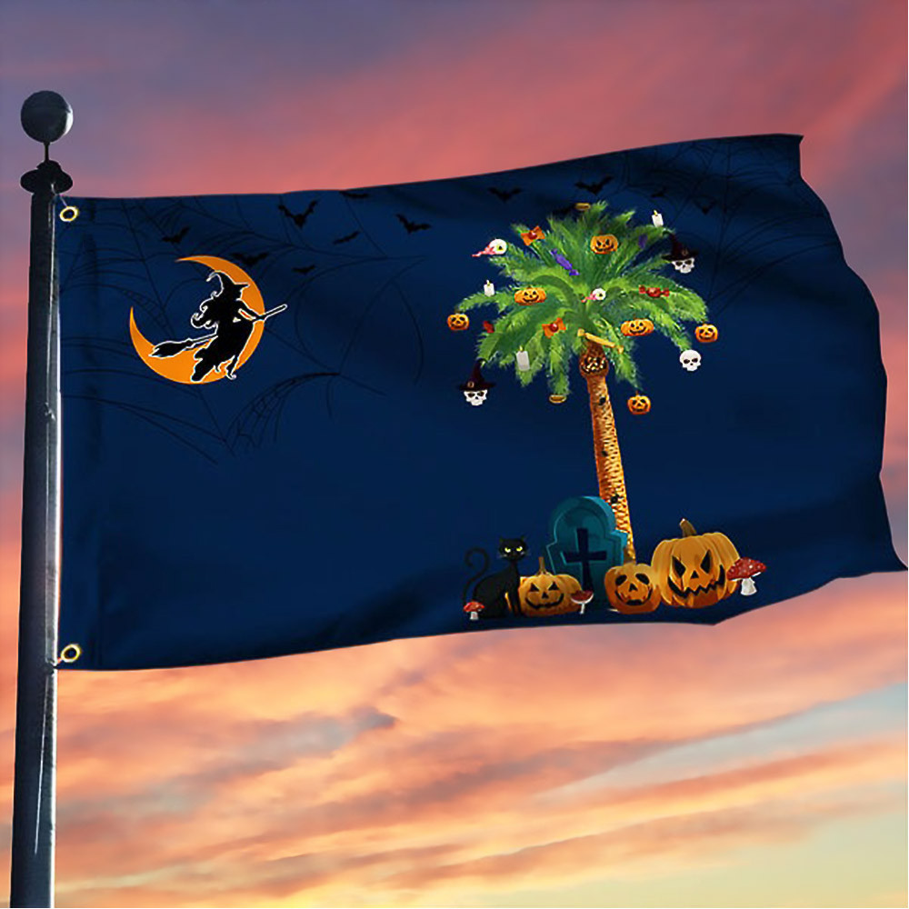 South Carolina Halloween Witchcraft Grommet Flag Pumpkins Palm Tree Best Halloween Gift For Adults
