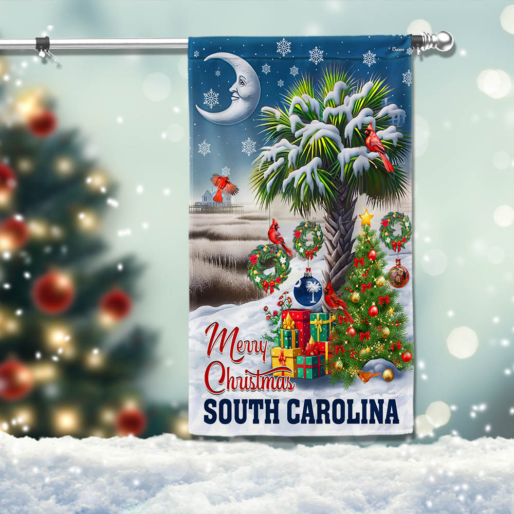 South Carolina Merry Christmas Palm Tree Cardinal Winter Christmas In South Carolina Flag