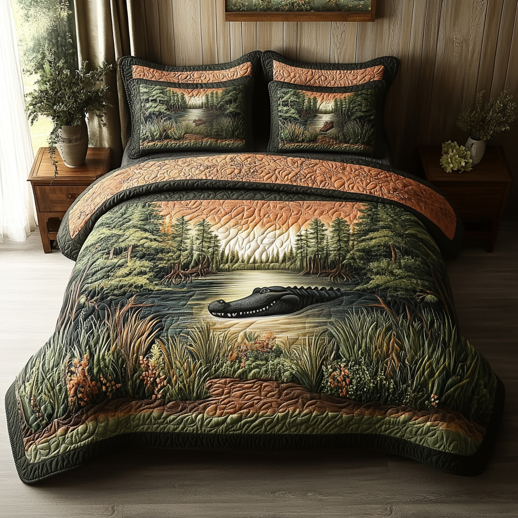 Southern Alligator Swamp Quilted Bedding Set Bedroom Decor Alligator Gift Ideas