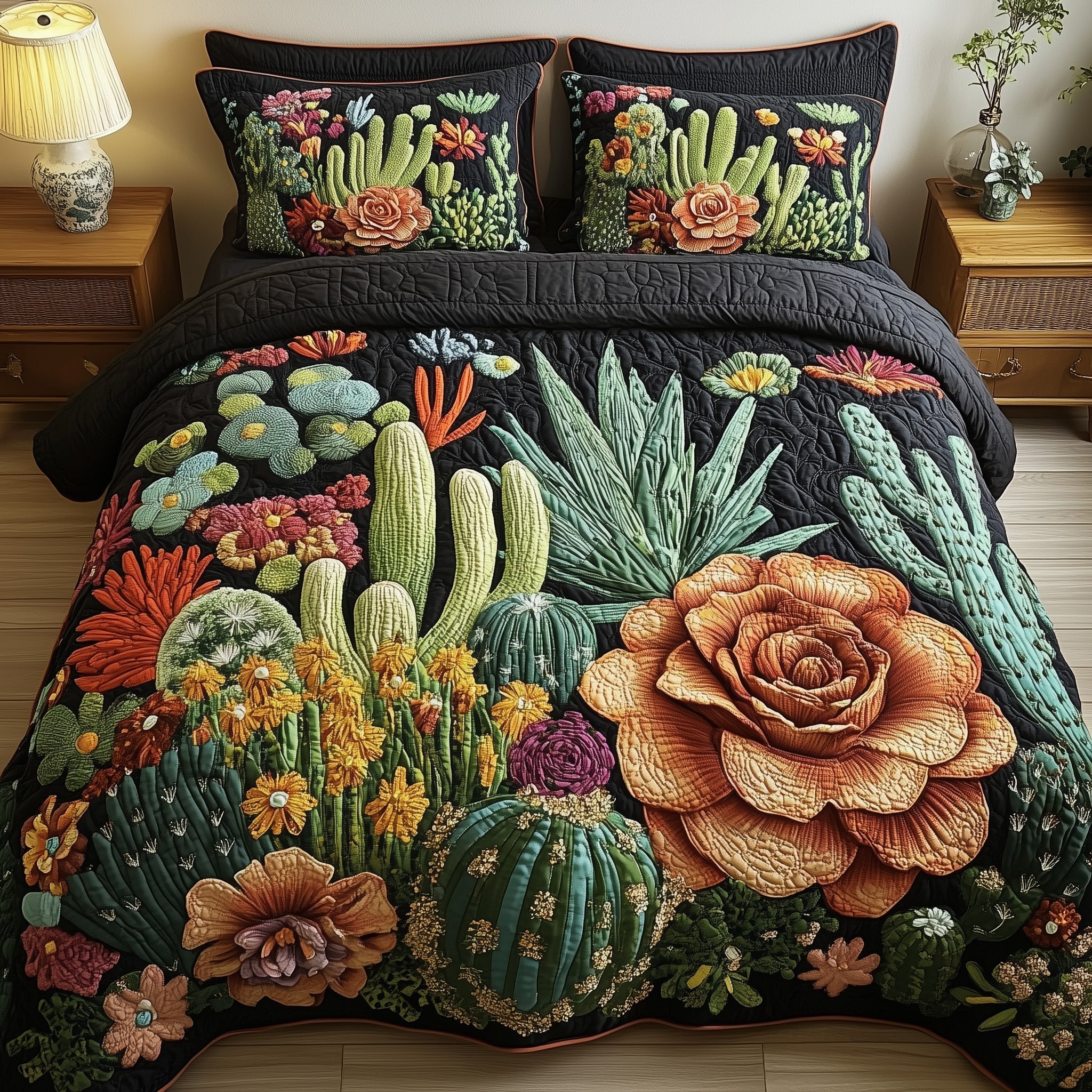Southwest Petal Path Quilted Bedding Set Duvet Cover Bedspread Cactus Gifts For Her