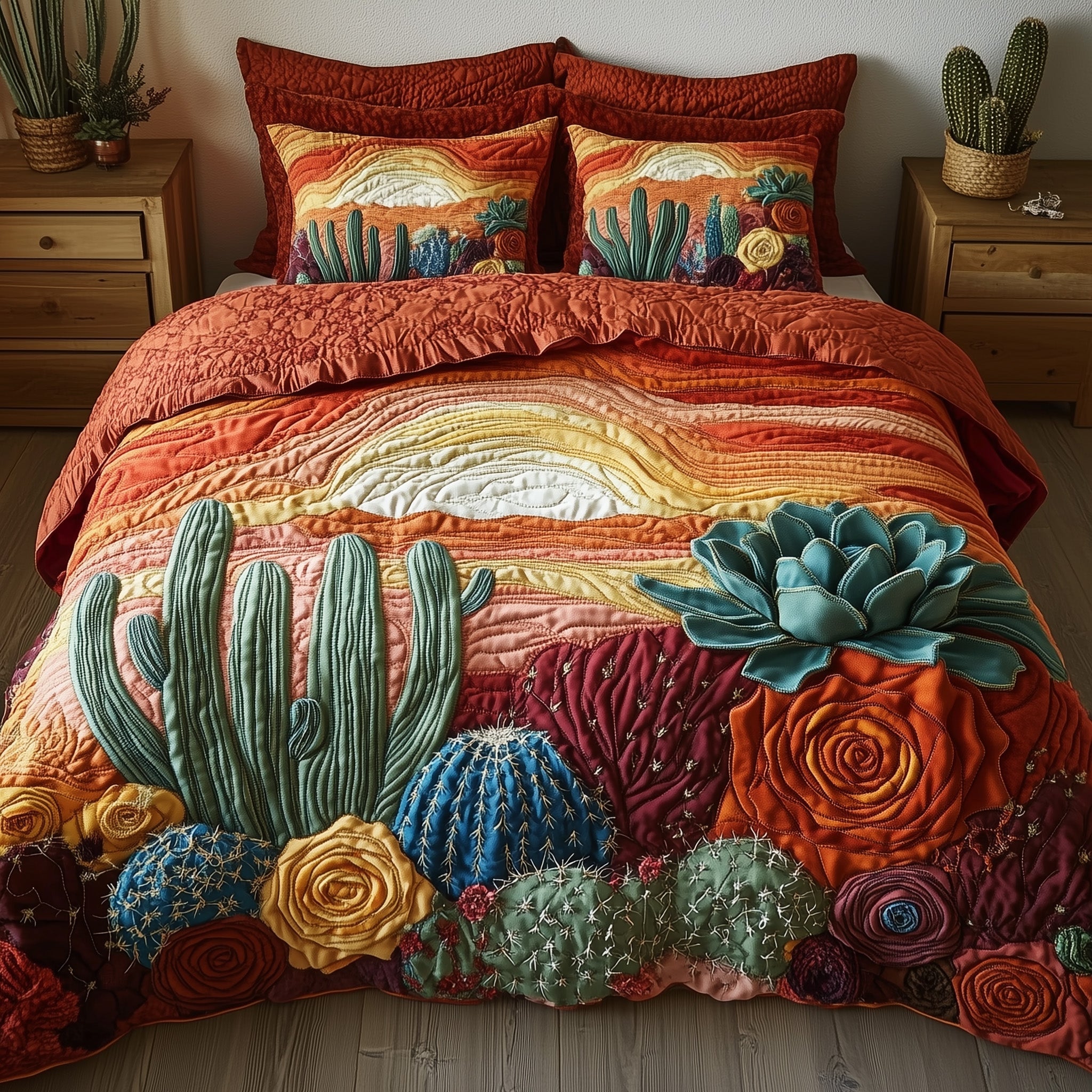 Southwest Petal Path Quilted Bedding Set Duvet Cover Bedspread Cactus Themed Gifts