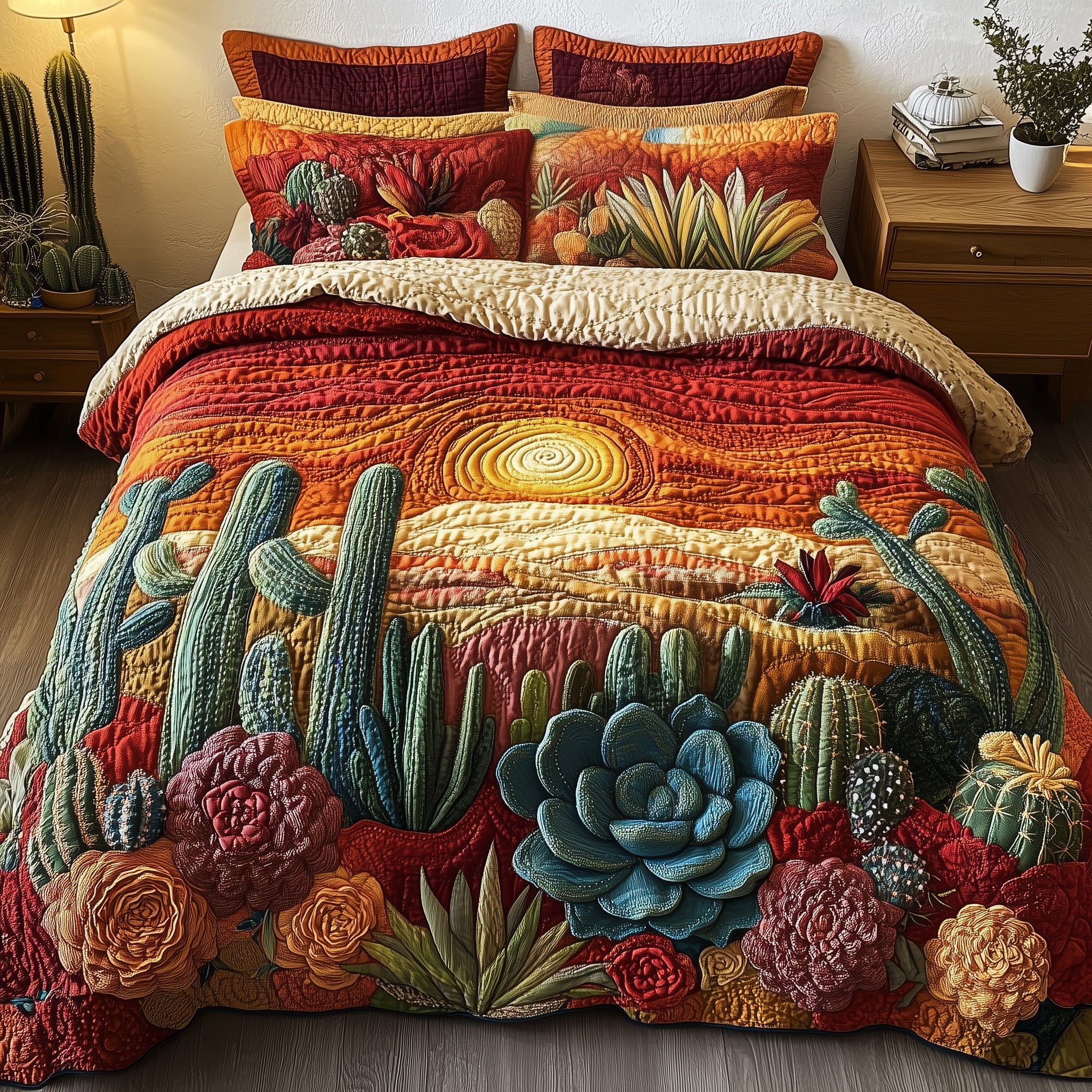 Southwest Petal Path Quilted Bedding Set Duvet Cover Bedspread Christmas Cactus Gift