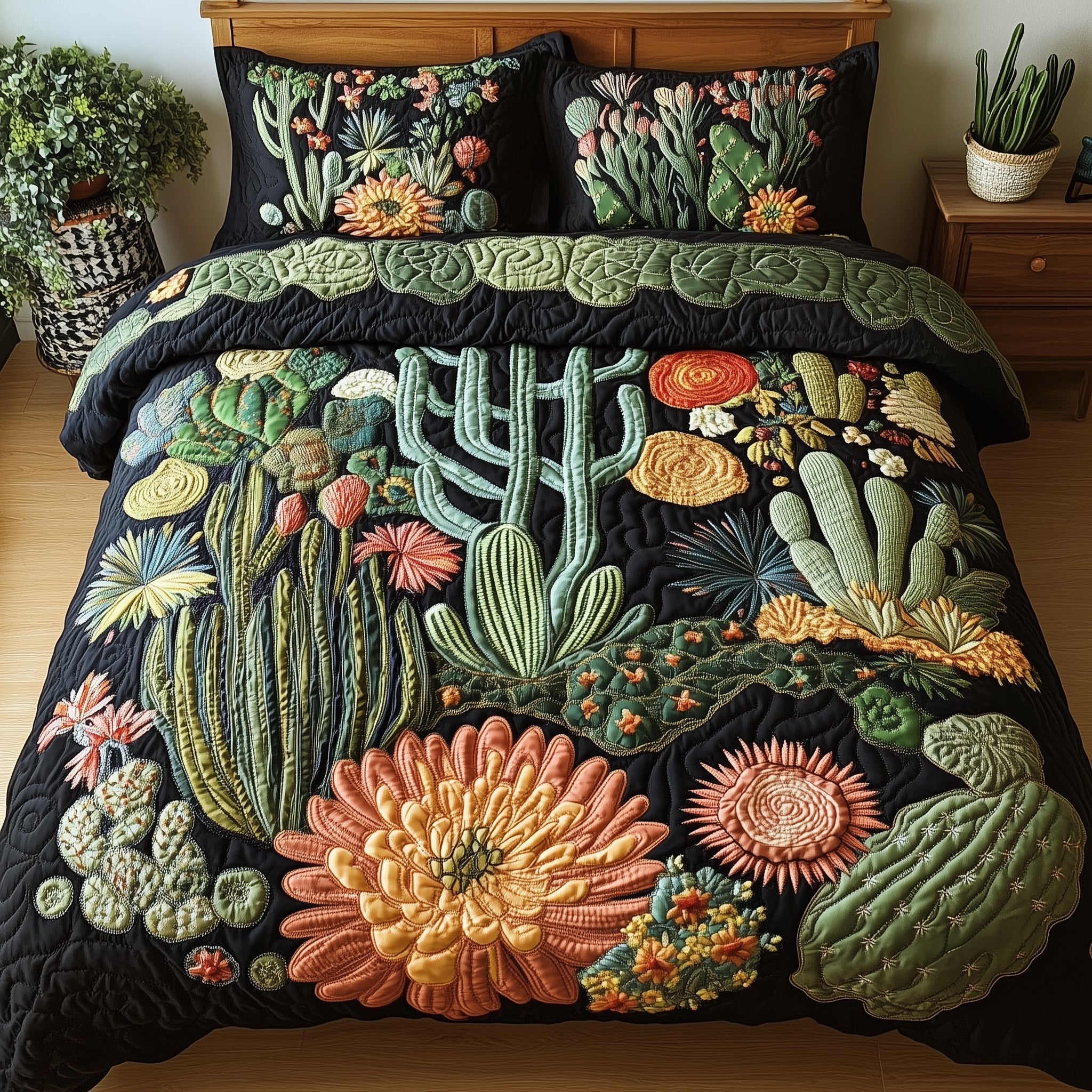 Southwest Petal Path Quilted Bedding Set Duvet Cover Bedspread Gifts For Cactus Lovers