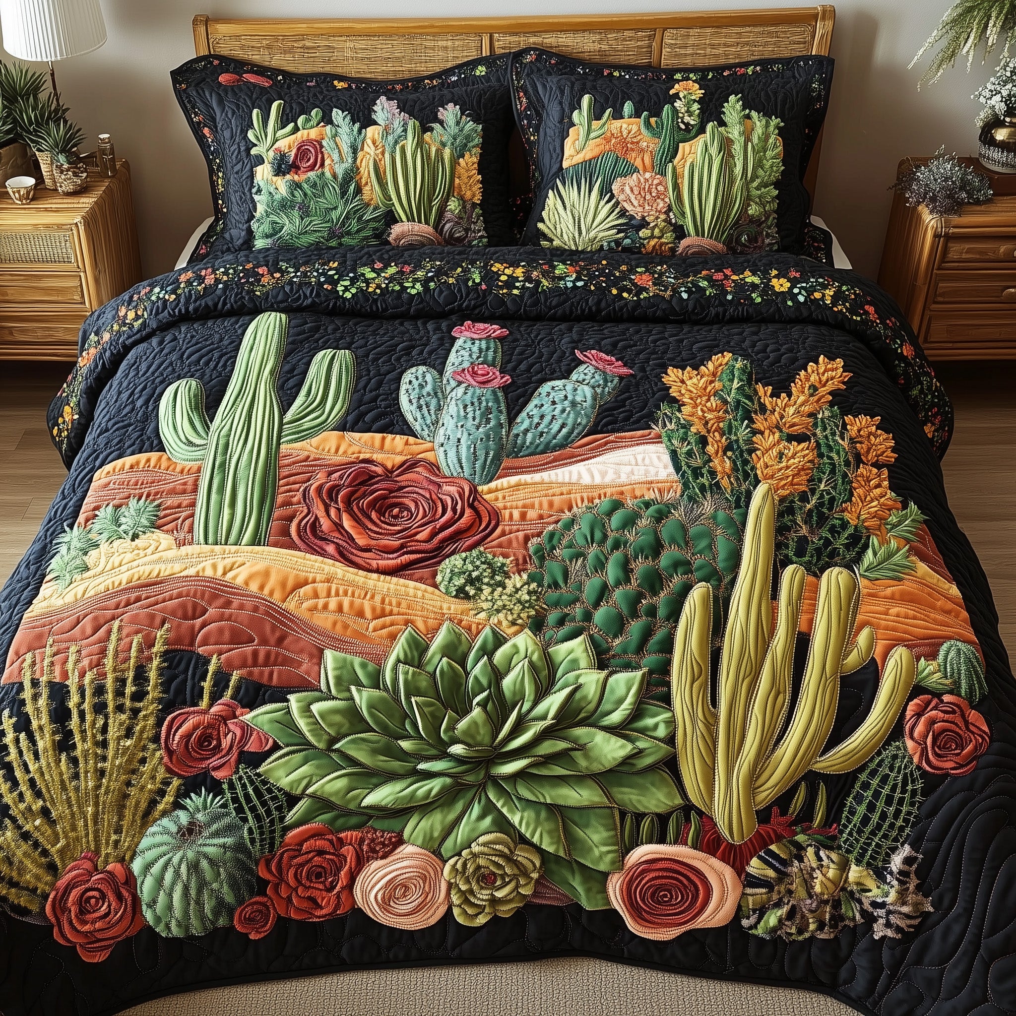 Southwest Petal Path Quilted Bedding Set Duvet Cover Bedspread Succulent Themed Gifts