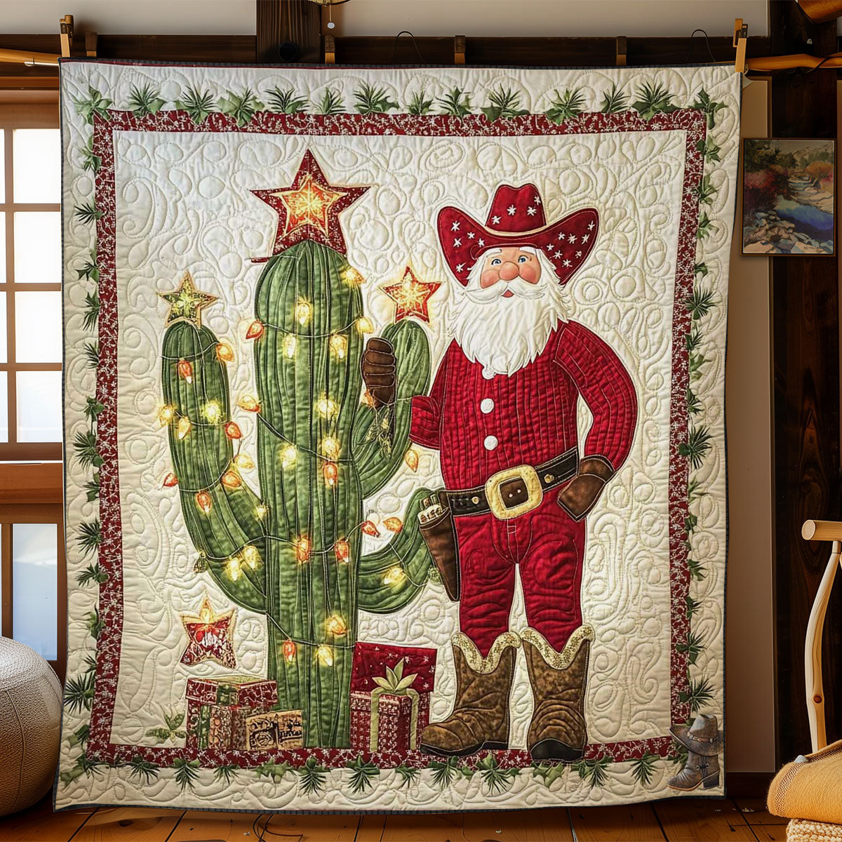 Southwest Santa Christmas Quilt Beautiful Printed Quilt Blanket for Home Aesthetics