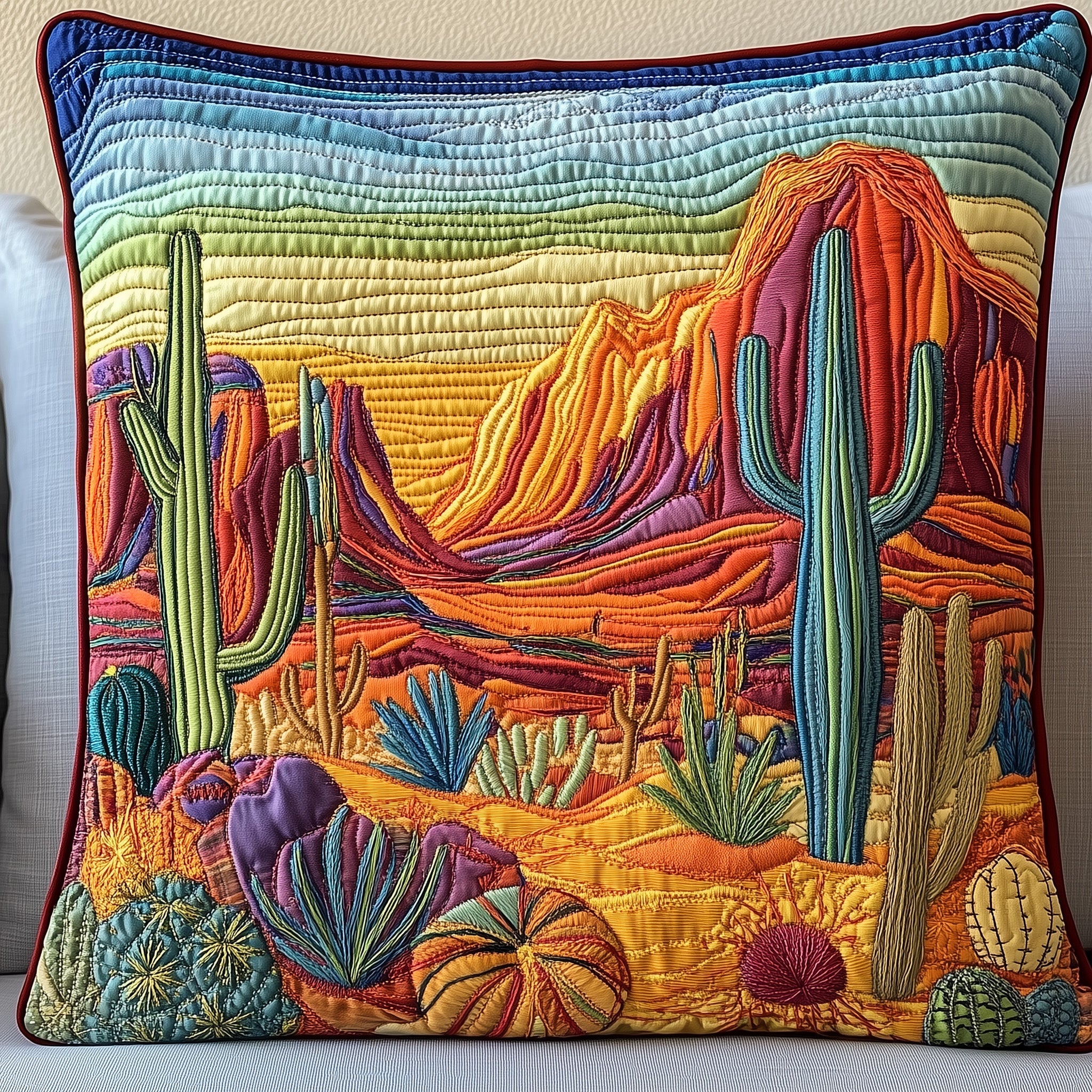 Southwest Spirit Quilted Pillow Case Square Pillow Cushion CoverCactus Birthday Gift Succulent 