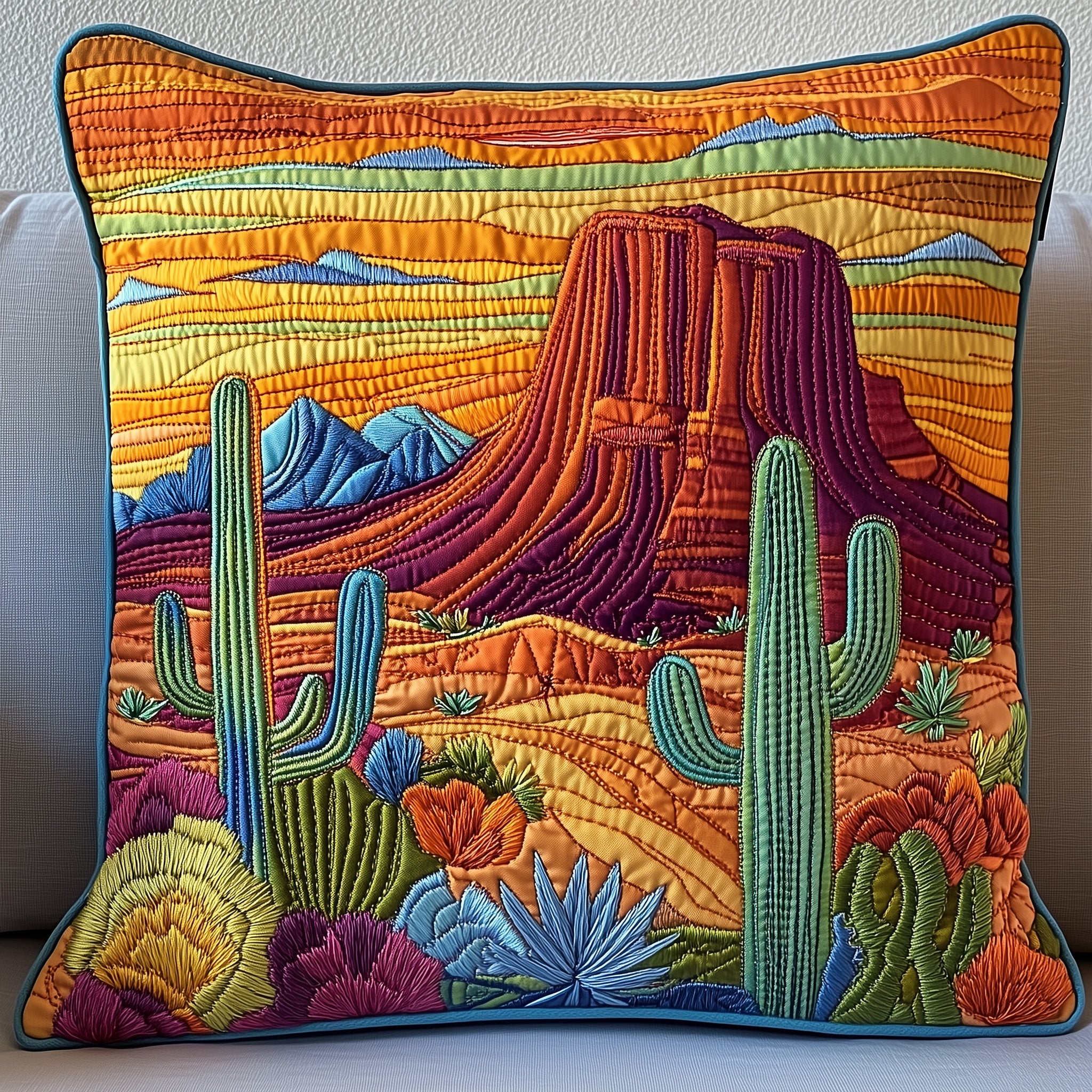 Southwest Spirit Quilted Pillow Case Square Pillow Cushion CoverCactus For Birthday Gift