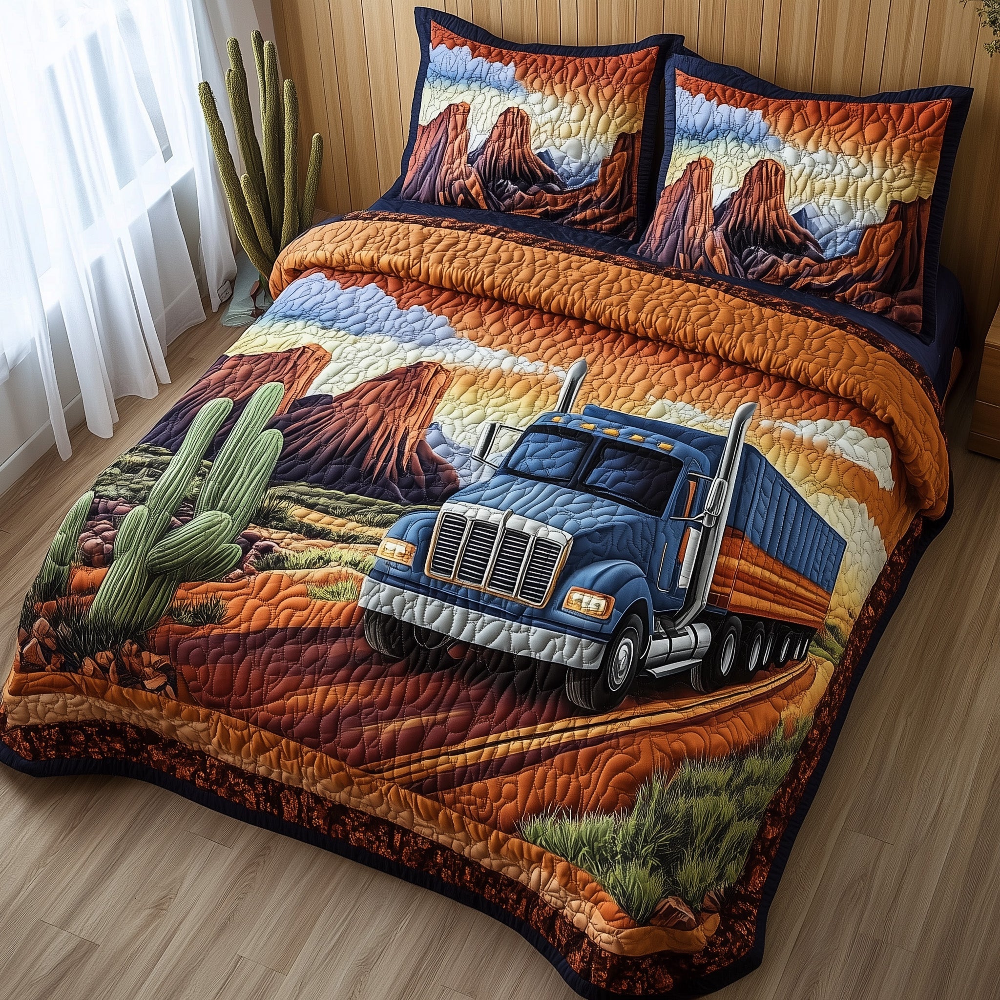 Southwest Trucking Trail Quilted Bedding Set Duvet Cover Bedspread Presents For Tractor Lovers