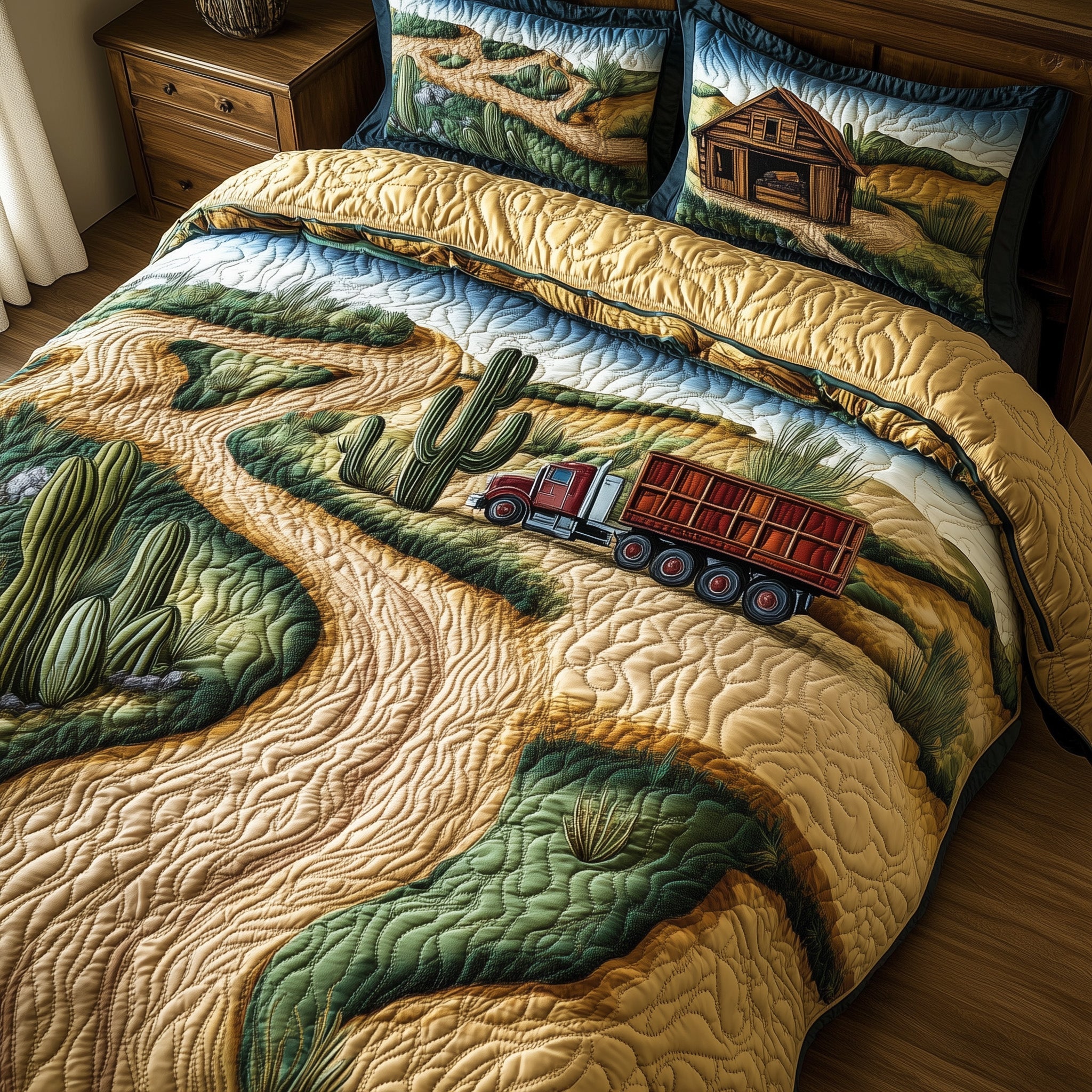 Southwest Trucking Trail Quilted Bedding Set Duvet Cover Bedspread Tractor Famers Christmas Gifts